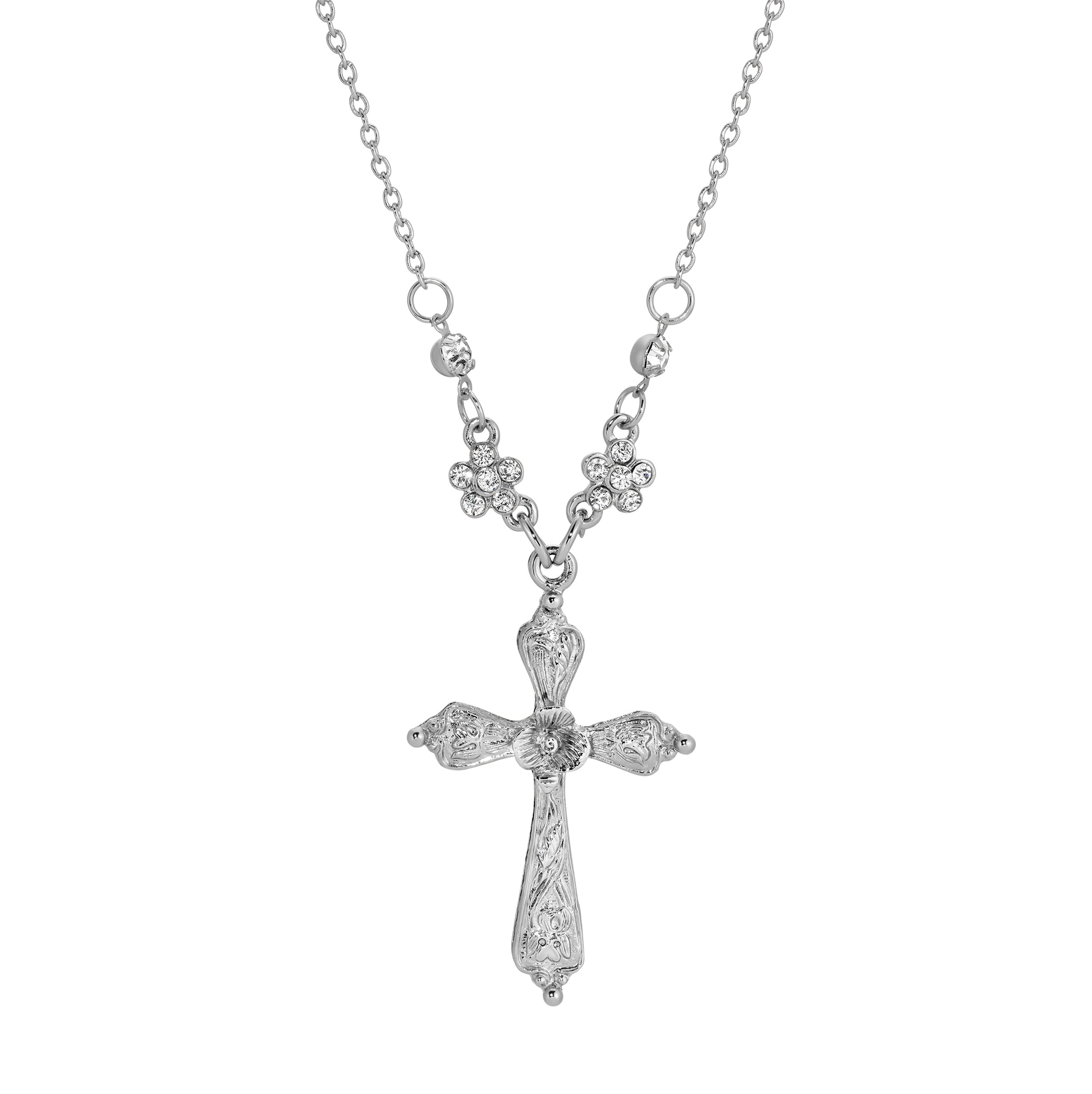 1928 Jewelry Flower Cross Silver Crystal Pendant Necklace 16"