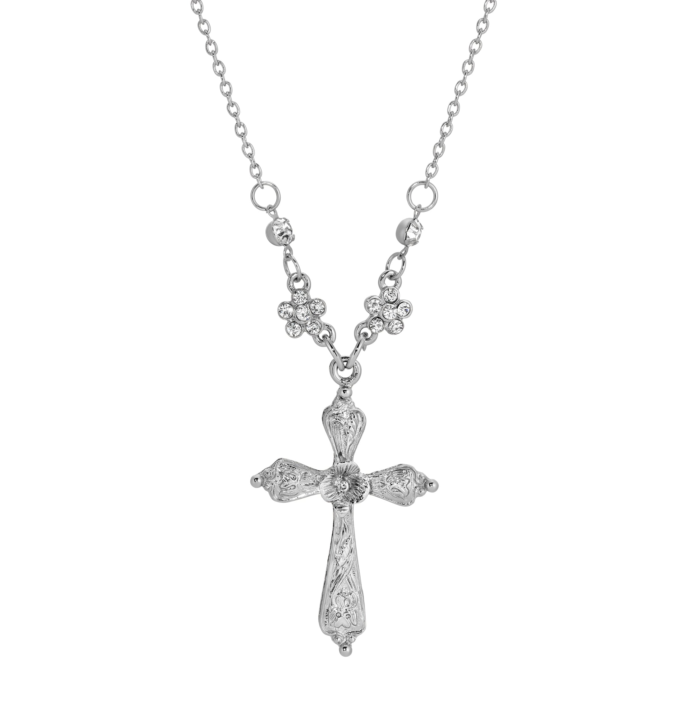 1928 Jewelry Flower Cross Silver Crystal Pendant Necklace 16"