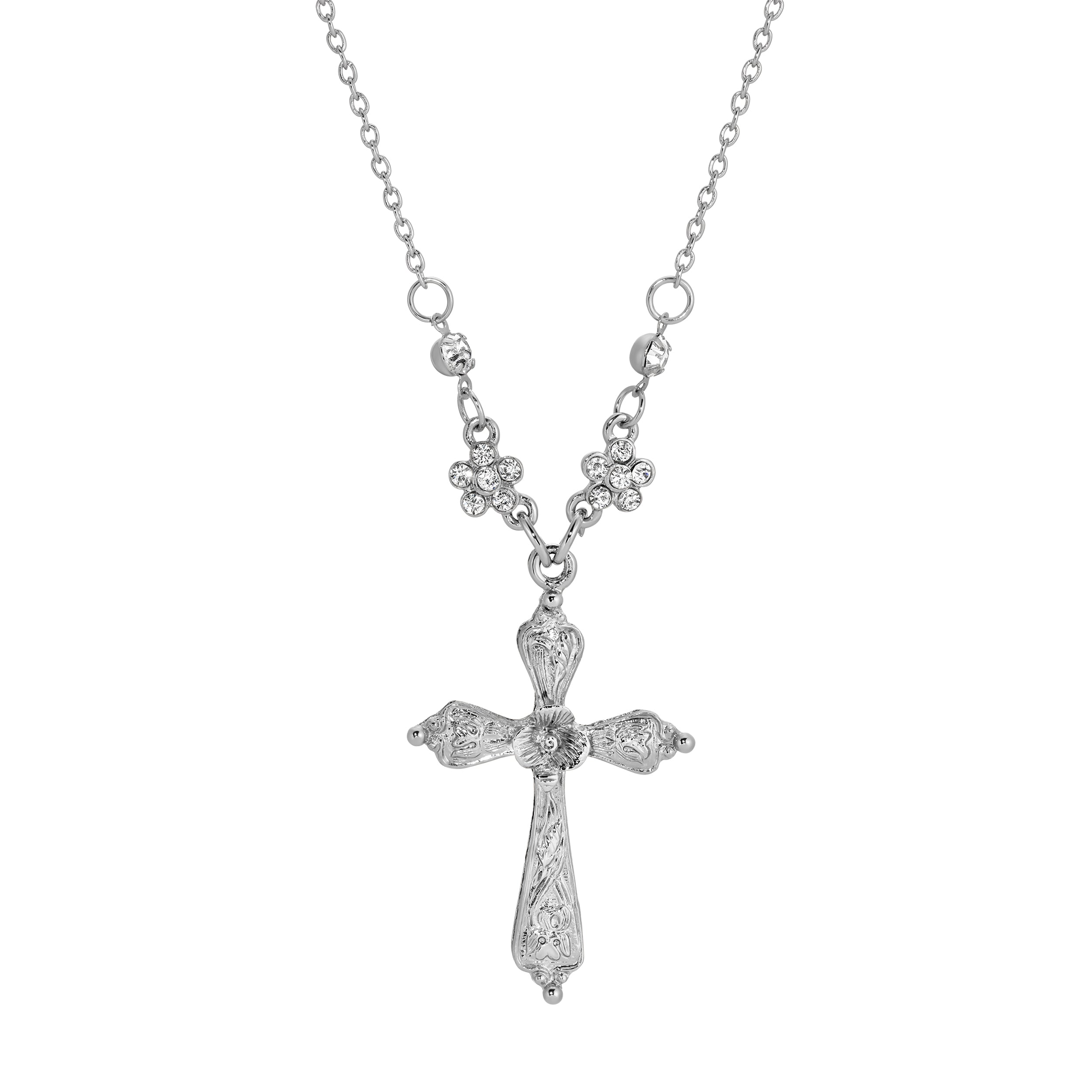 1928 Jewelry Flower Cross Silver Crystal Pendant Necklace 16"