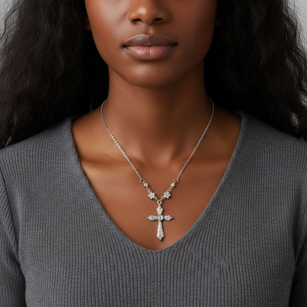 Woman wearing a gray sweater and a necklace with a cross pendant against a neutral background