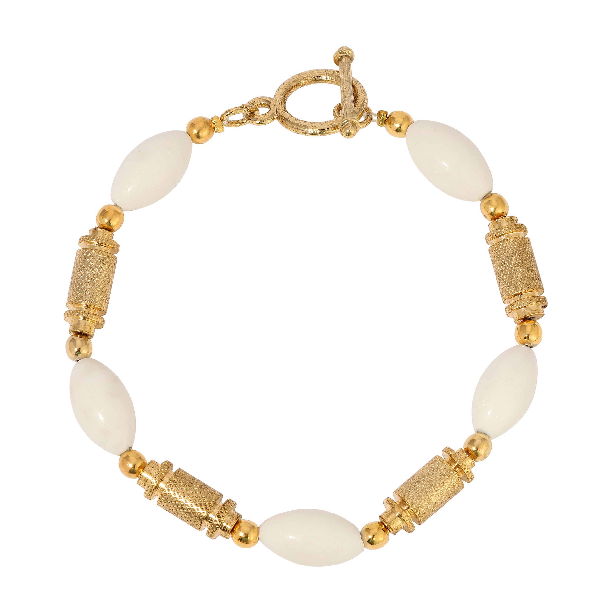 White Round Genuine Gemstone & Gold Beaded Link Bracelet