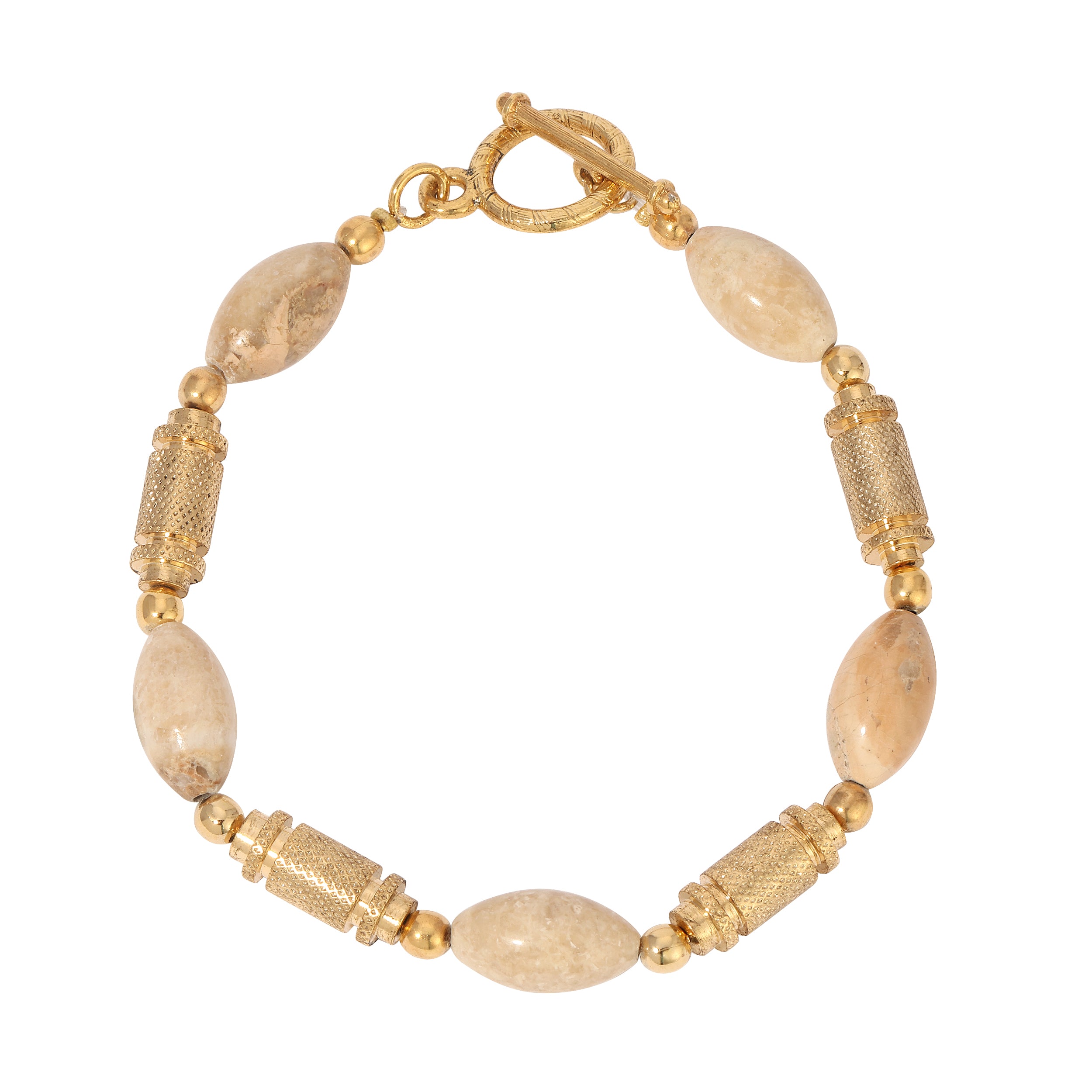 Riverstone Round Genuine Gemstone & Gold Beaded Link Bracelet