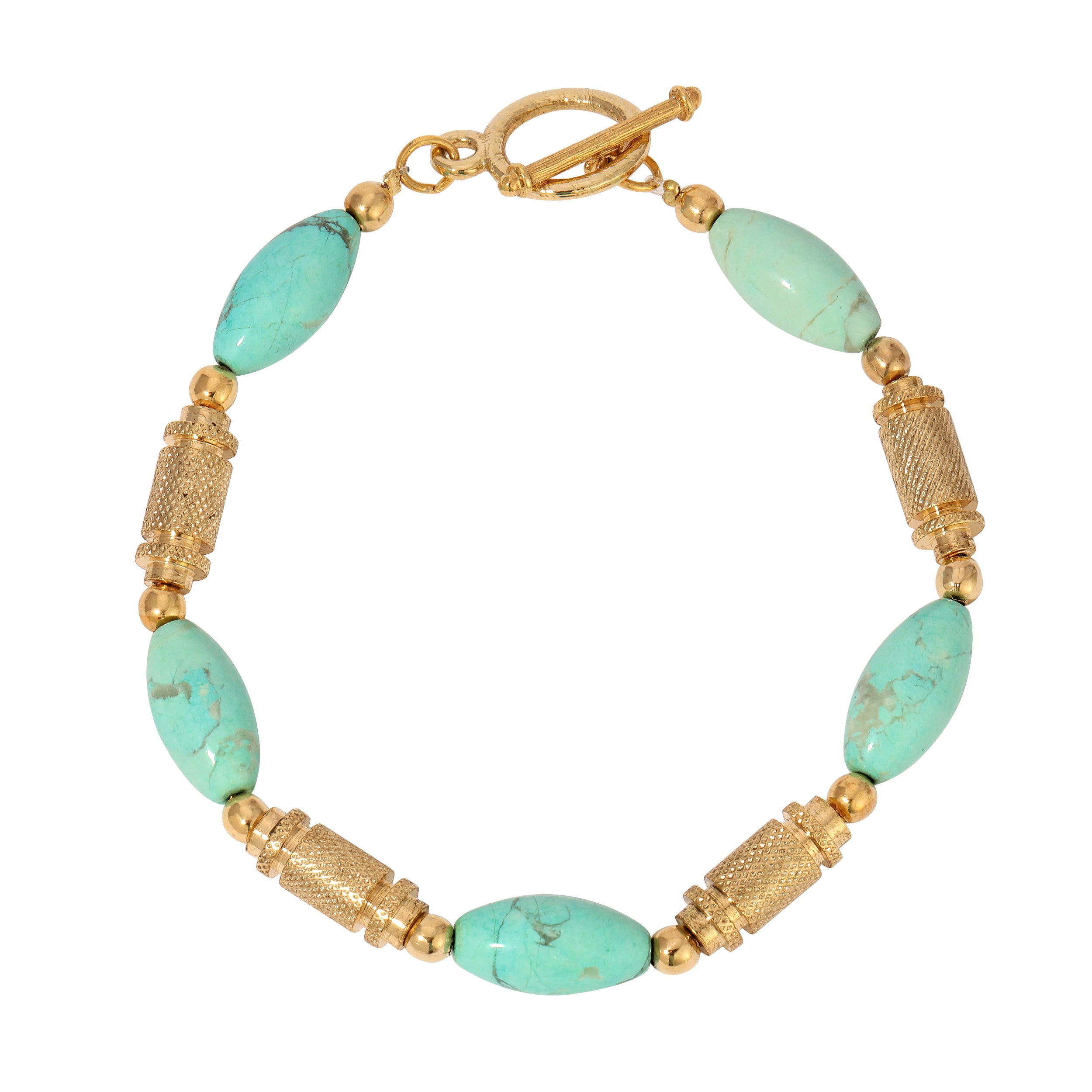 Turquoise Round Genuine Gemstone & Gold Beaded Link Bracelet