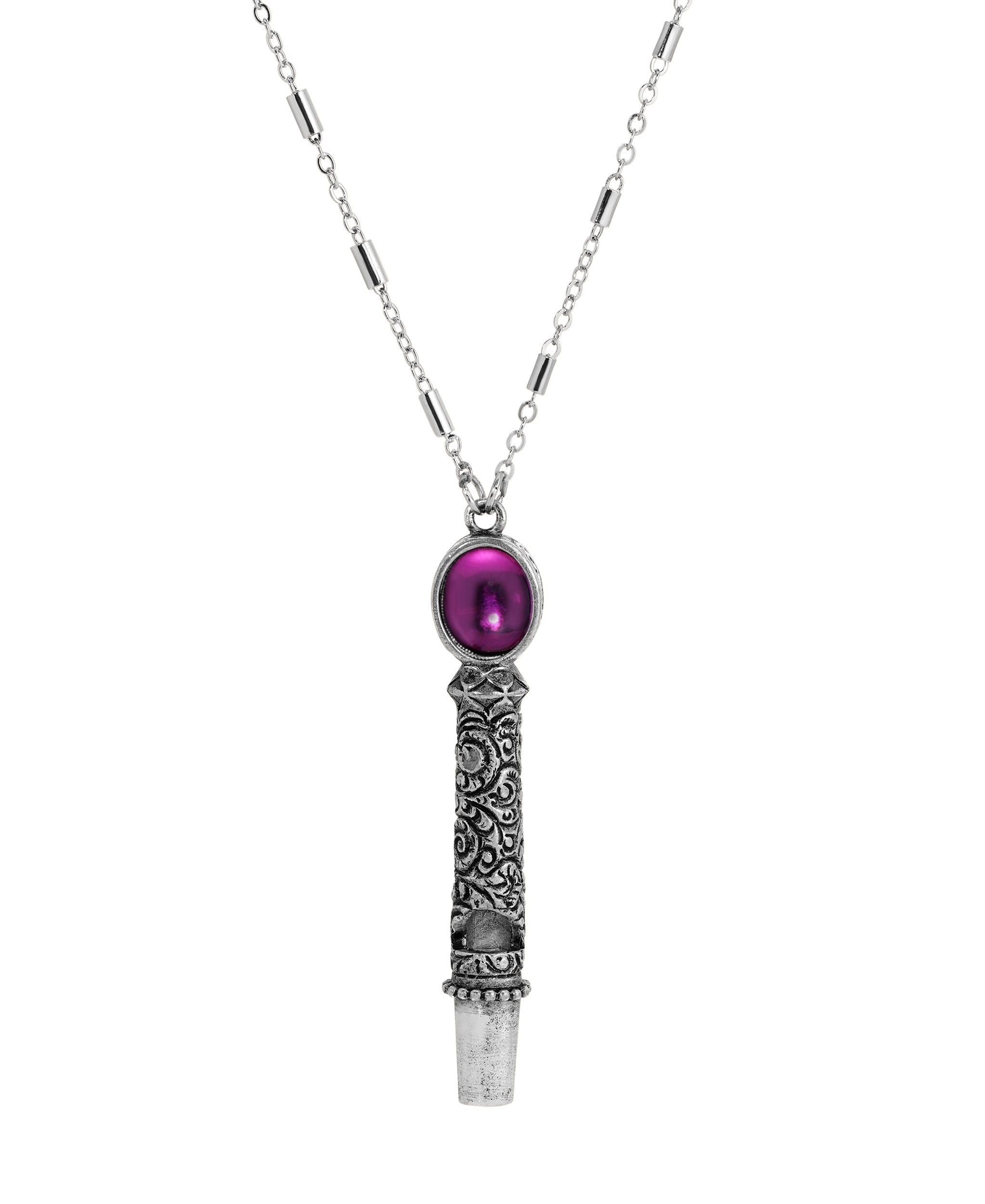 1928 Jewelry Oval Stone Etched Whistle Pendant Necklace 28"