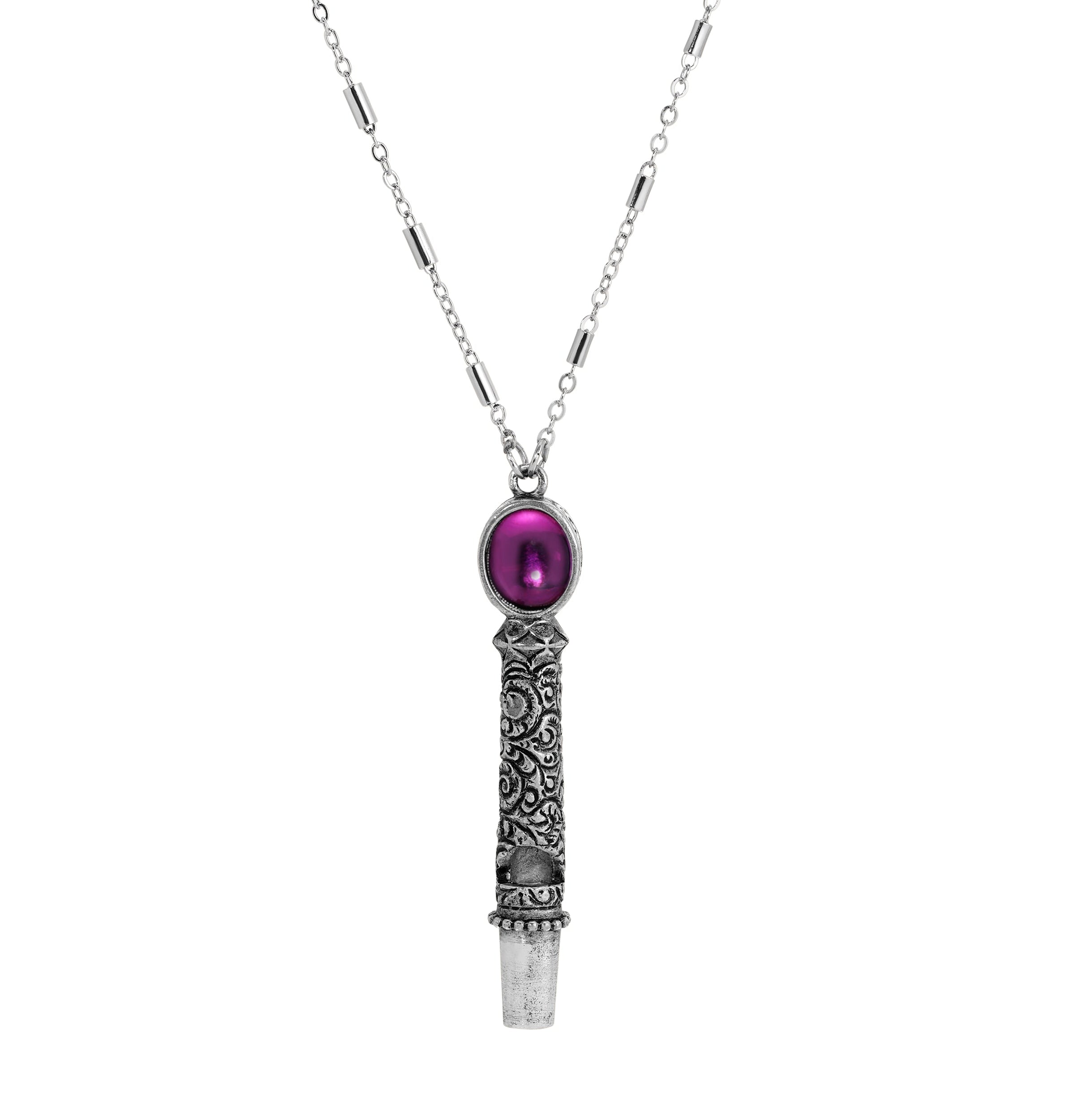 1928 Jewelry Oval Stone Etched Whistle Pendant Necklace 28"