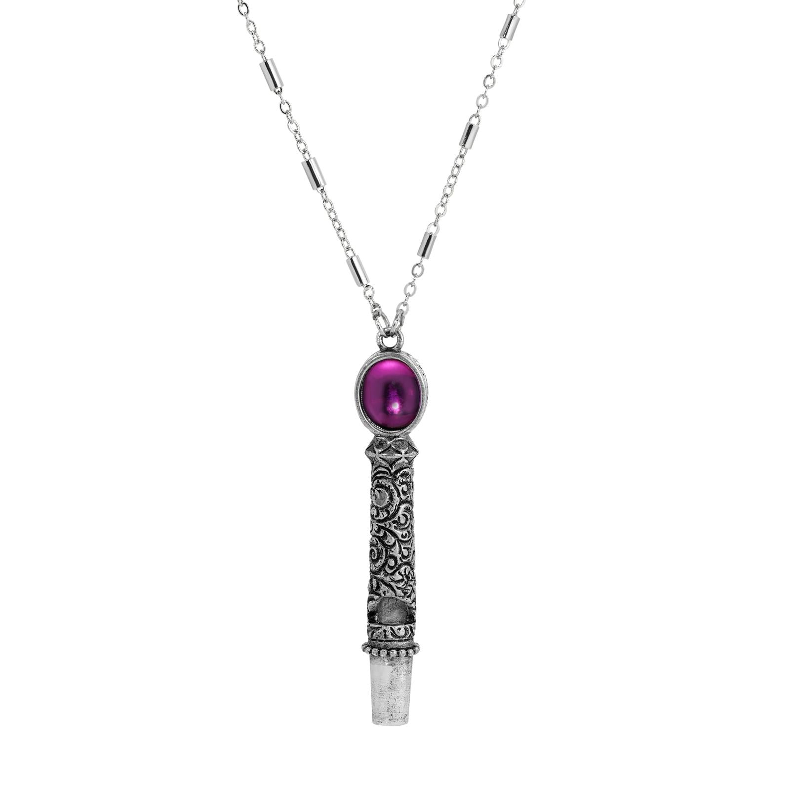 1928 Jewelry Oval Stone Etched Whistle Pendant Necklace 28"