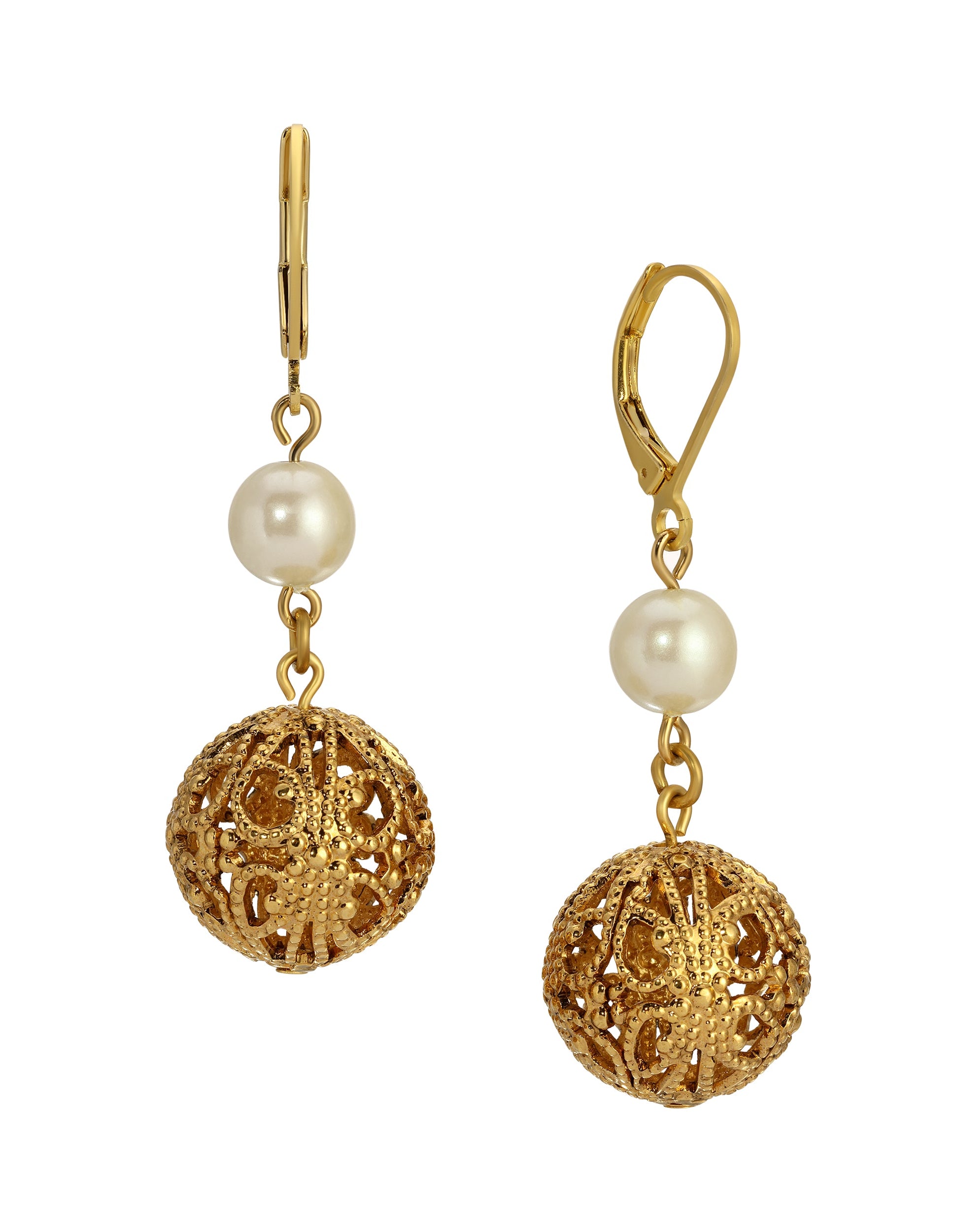 1928 Jewelry Round Filigree Spear And Faux Pearl Symphony Dangling Earrings