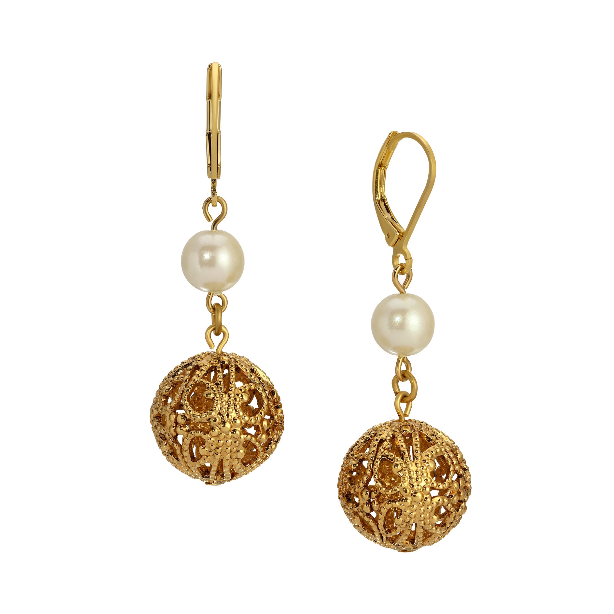 1928 Jewelry Round Filigree Spear And Faux Pearl Symphony Dangling Earrings