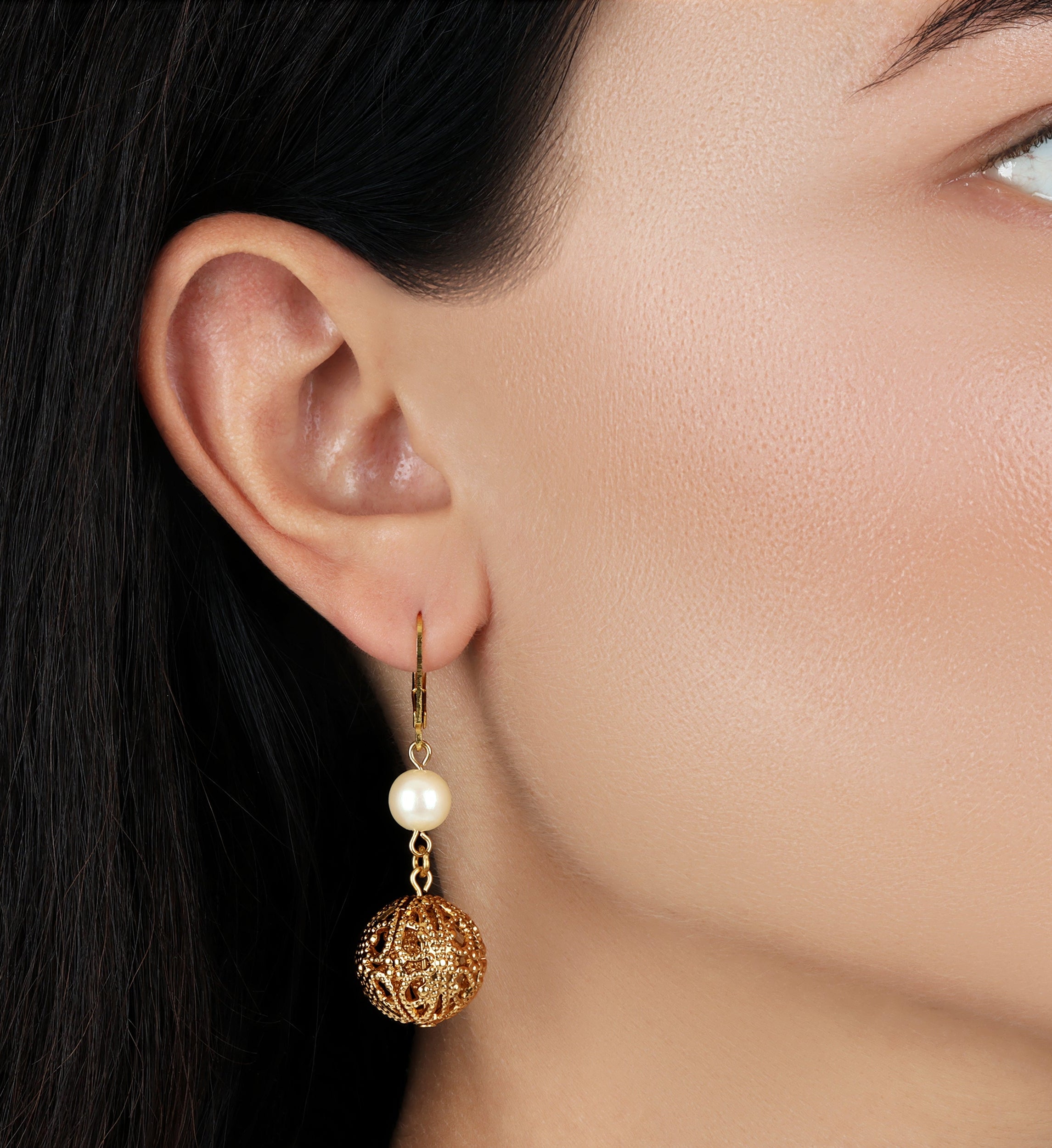 1928 Jewelry Round Filigree Spear And Faux Pearl Symphony Dangling Earrings