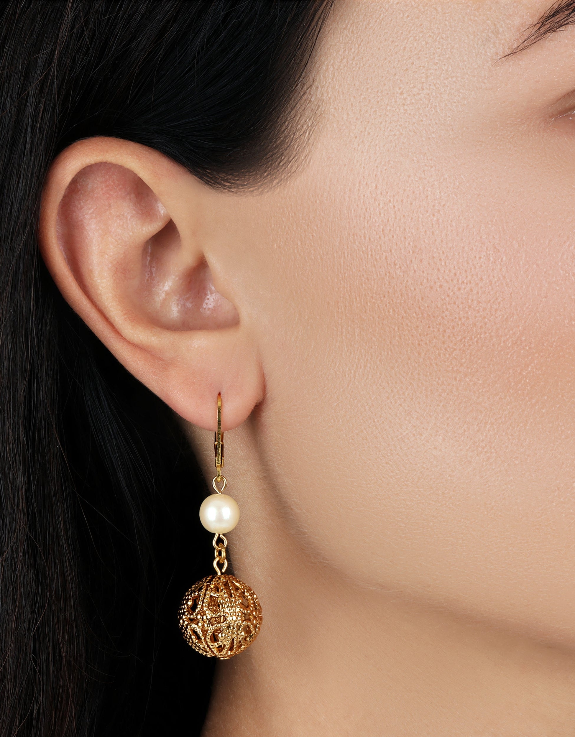 1928 Jewelry Round Filigree Spear And Faux Pearl Symphony Dangling Earrings