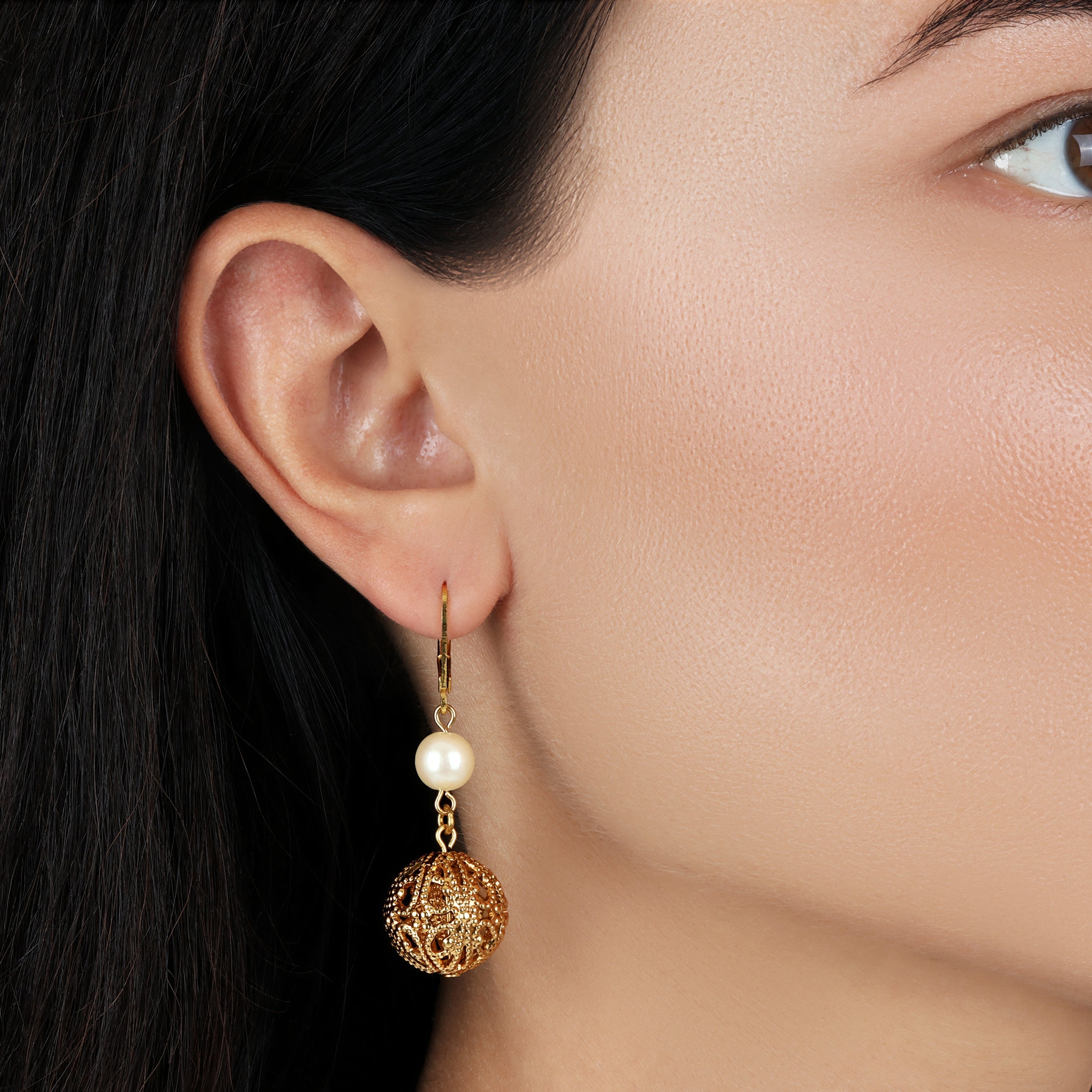 1928 Jewelry Round Filigree Spear And Faux Pearl Symphony Dangling Earrings