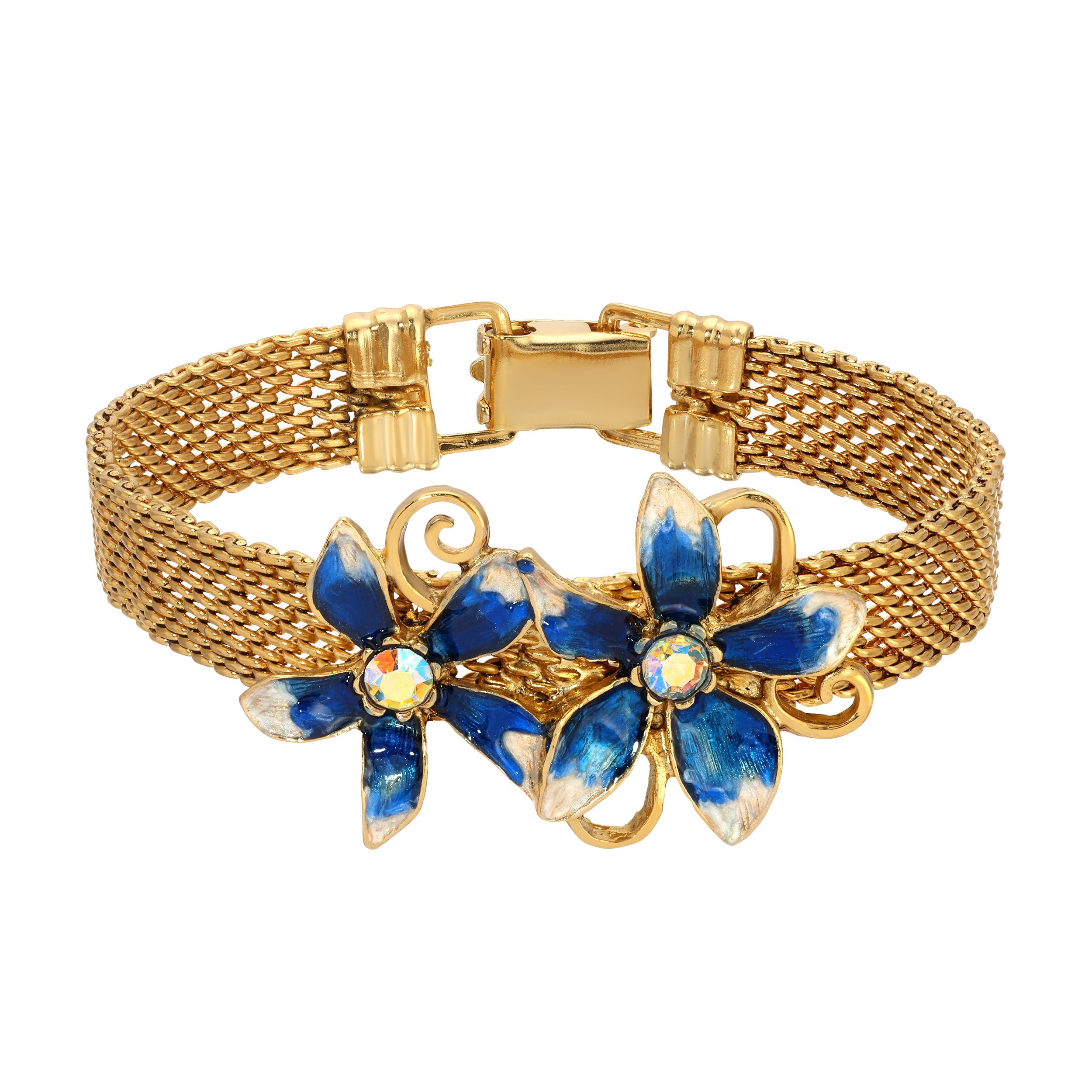 Blue Flowers & AB Crystal Mesh Chain Bracelet