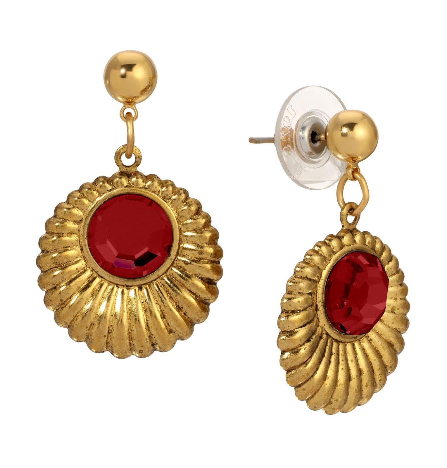 1928 Jewelry Scalloped Medallion Stone Post Back Drop Earrings