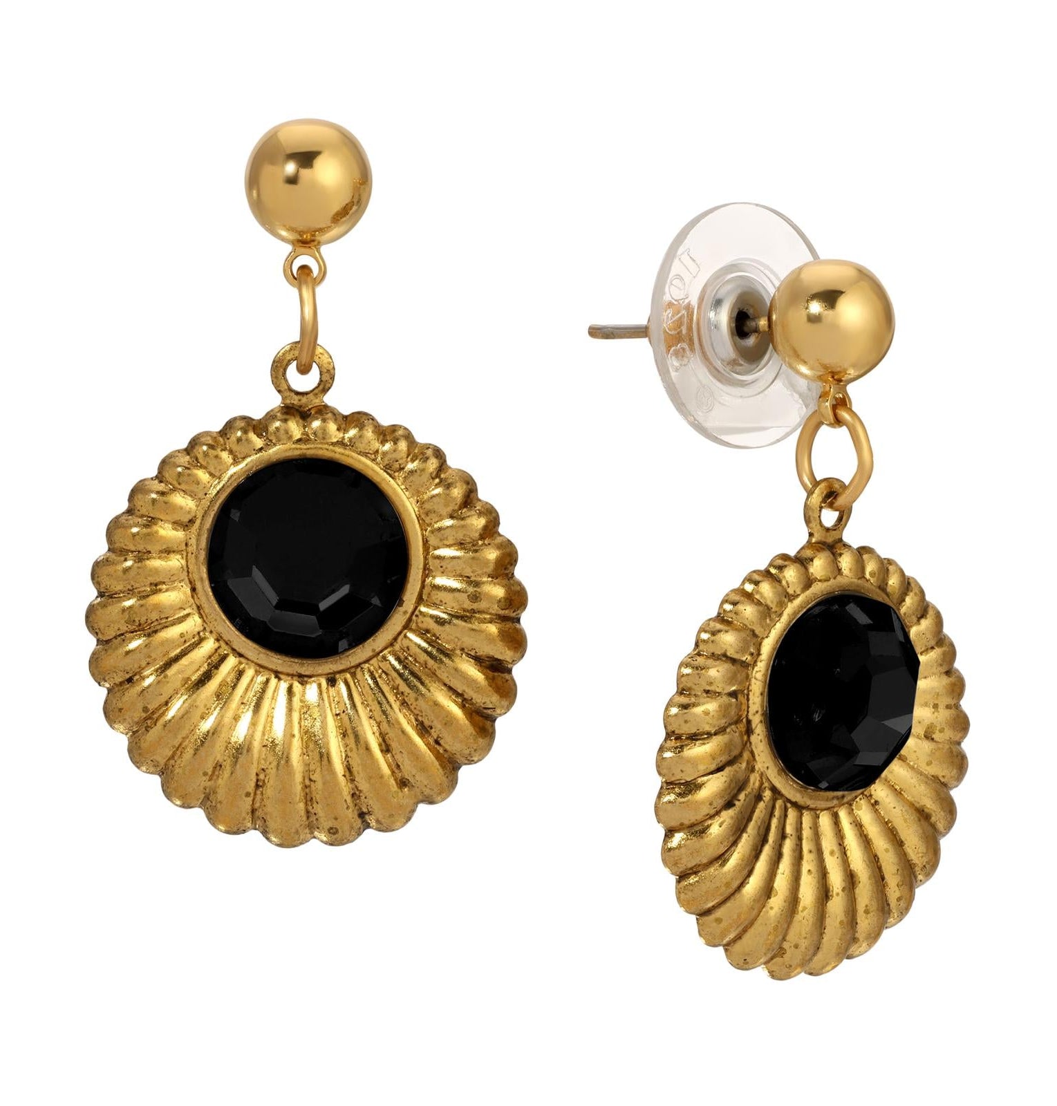1928 Jewelry Scalloped Medallion Stone Post Back Drop Earrings