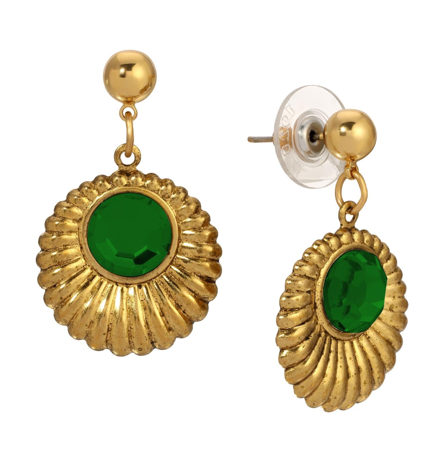 1928 Jewelry Scalloped Medallion Stone Post Back Drop Earrings