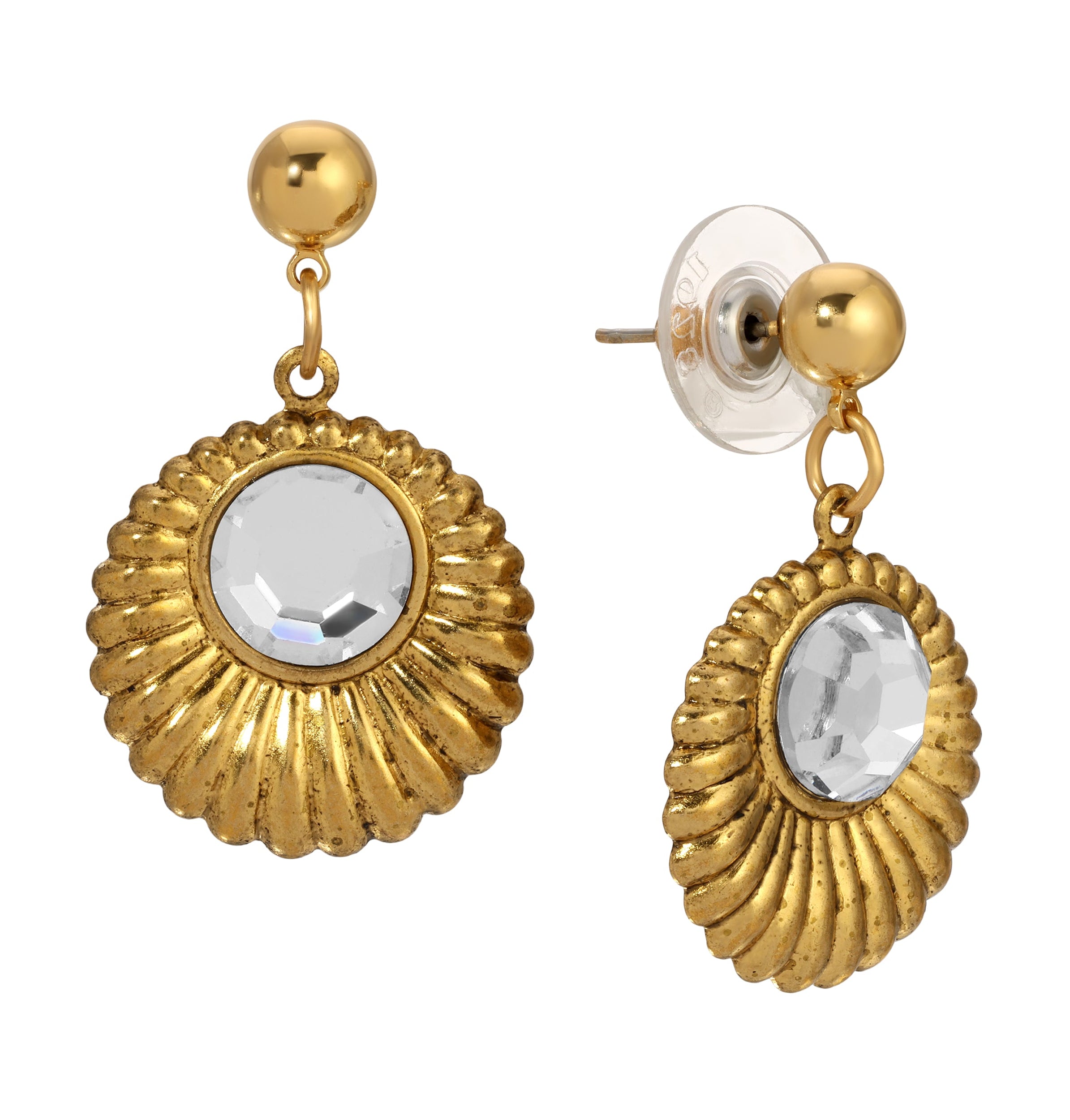 1928 Jewelry Scalloped Medallion Stone Post Back Drop Earrings