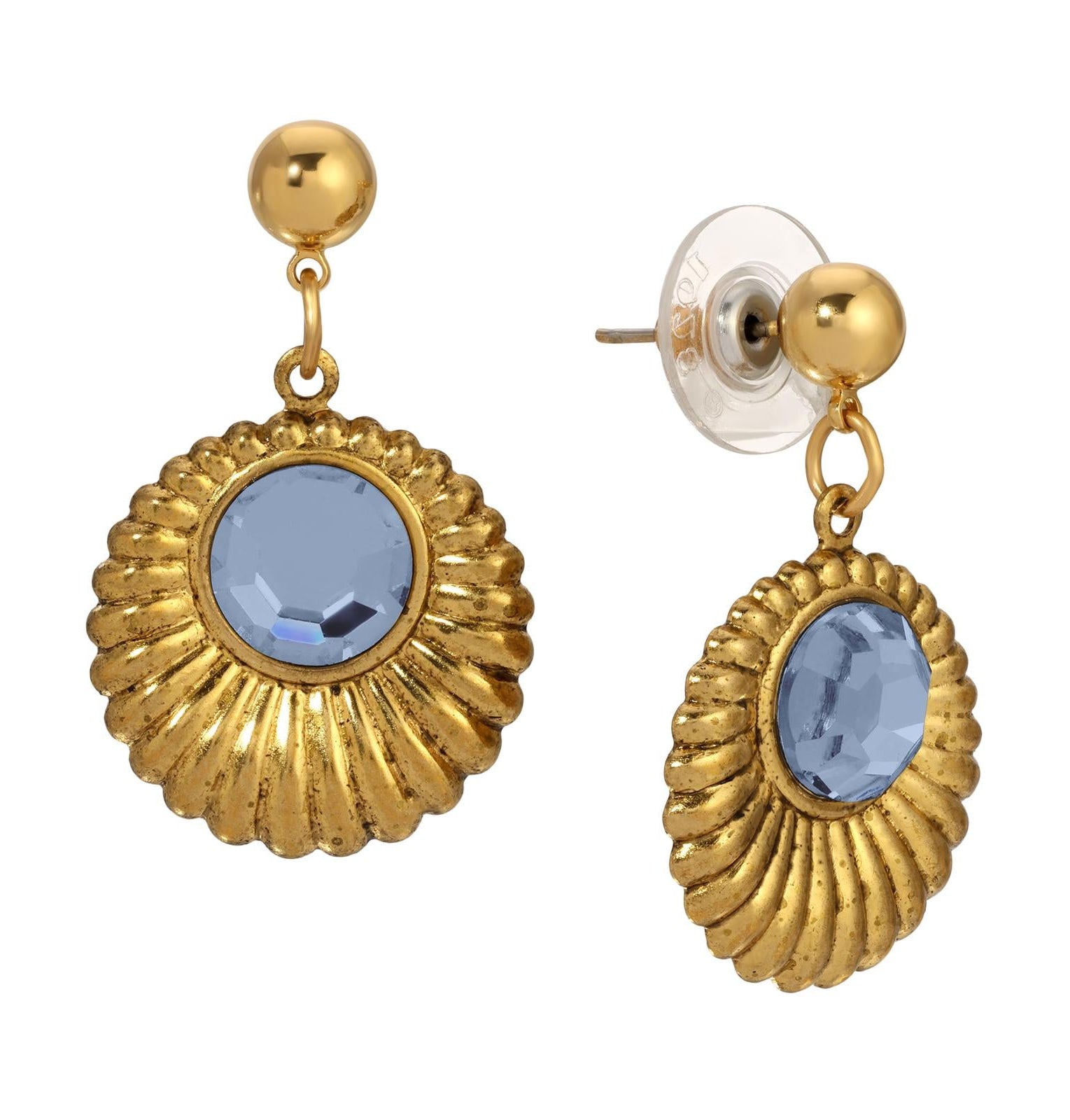 1928 Jewelry Scalloped Medallion Stone Post Back Drop Earrings