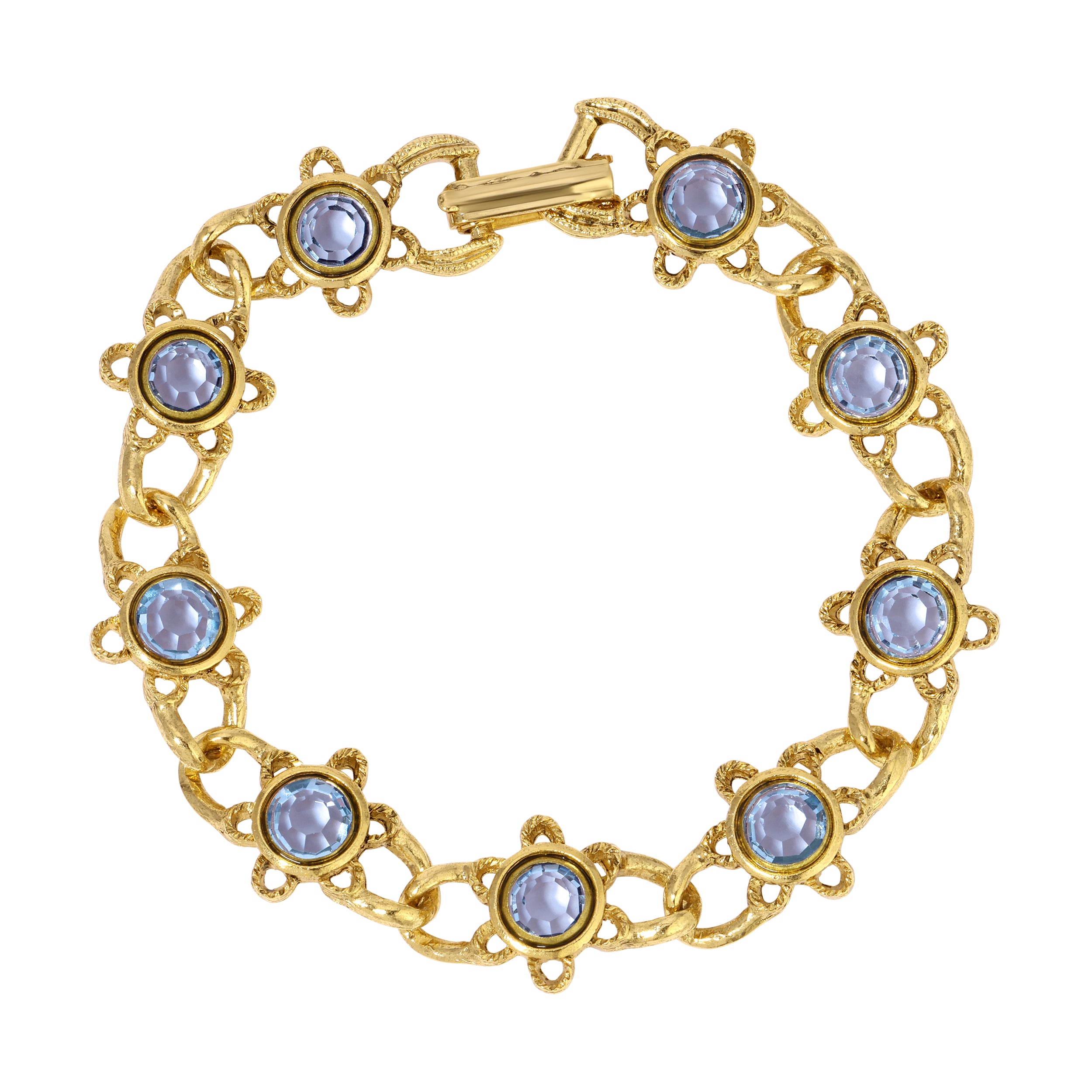 Gold and Blue Channel Crystal Floral Bloom Link Bracelet