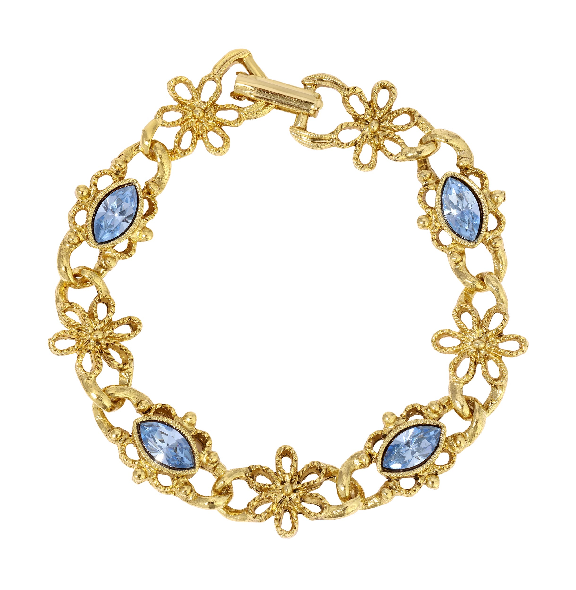 1928 Jewelry Light Sapphire Blue Navette Crystal Blossom Filigree Link Bracelet