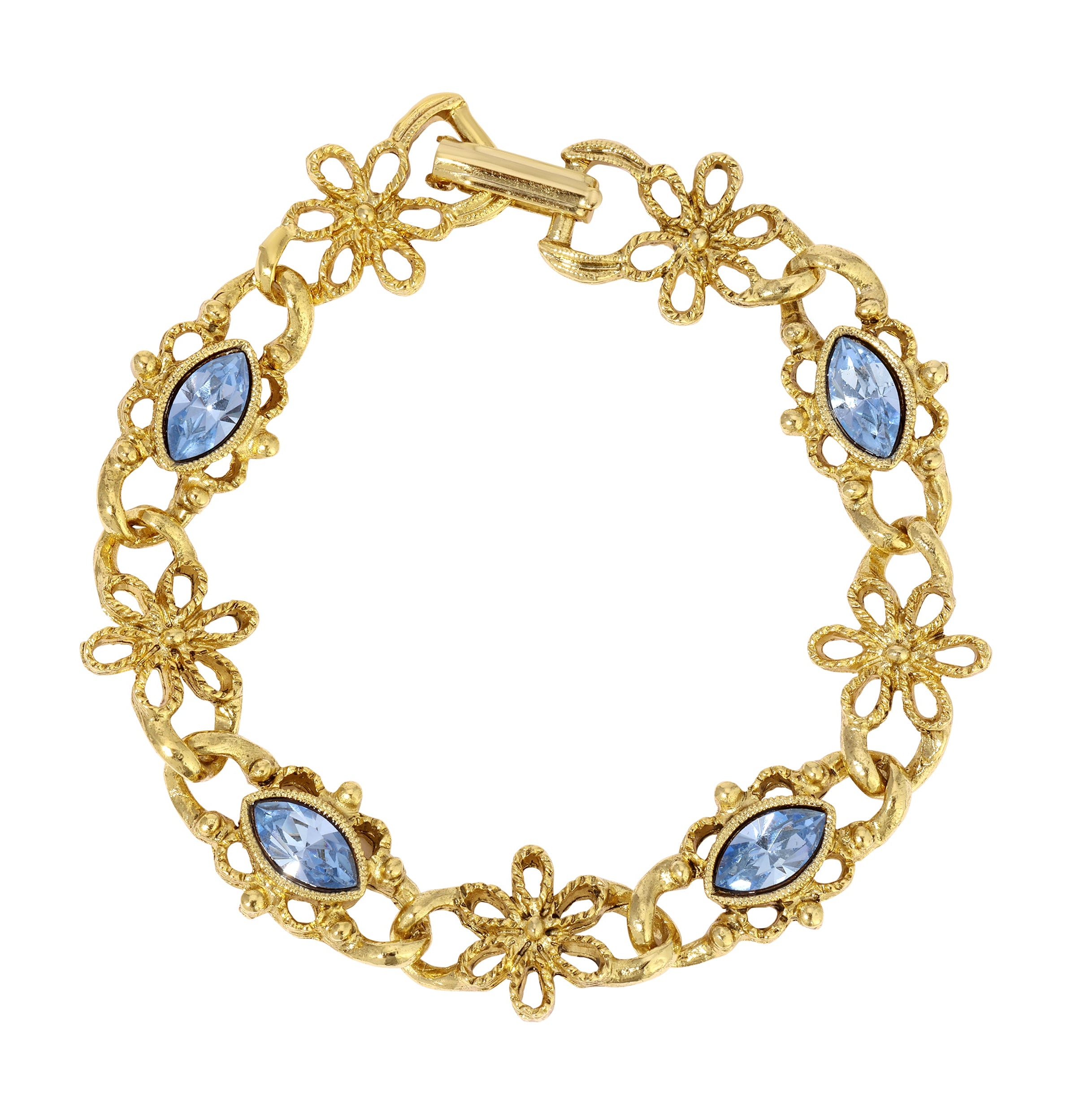 1928 Jewelry Light Sapphire Blue Navette Crystal Blossom Filigree Link Bracelet