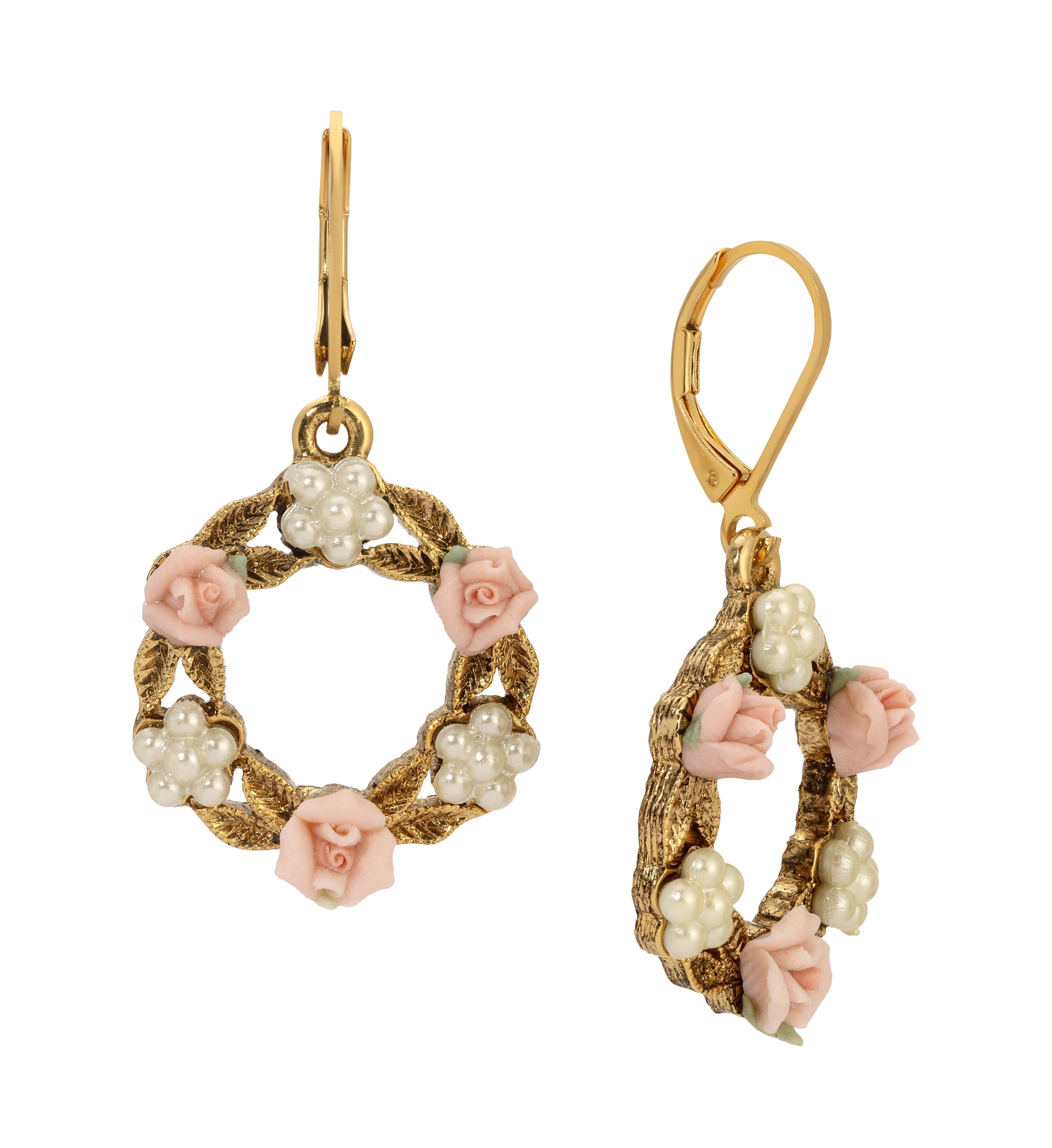 1928 Jewelry Porcelain Rose & Faux Pearl Flowers Drop Earrings