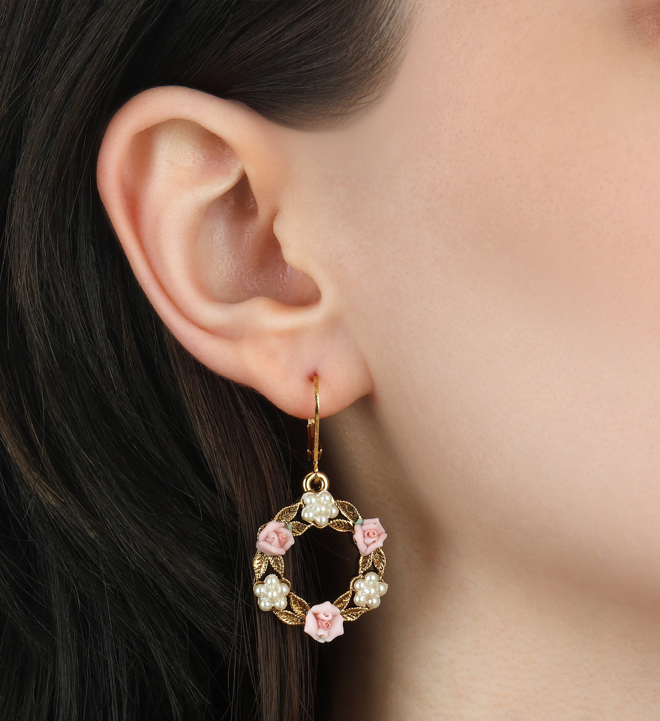 1928 Jewelry Porcelain Rose & Faux Pearl Flowers Drop Earrings