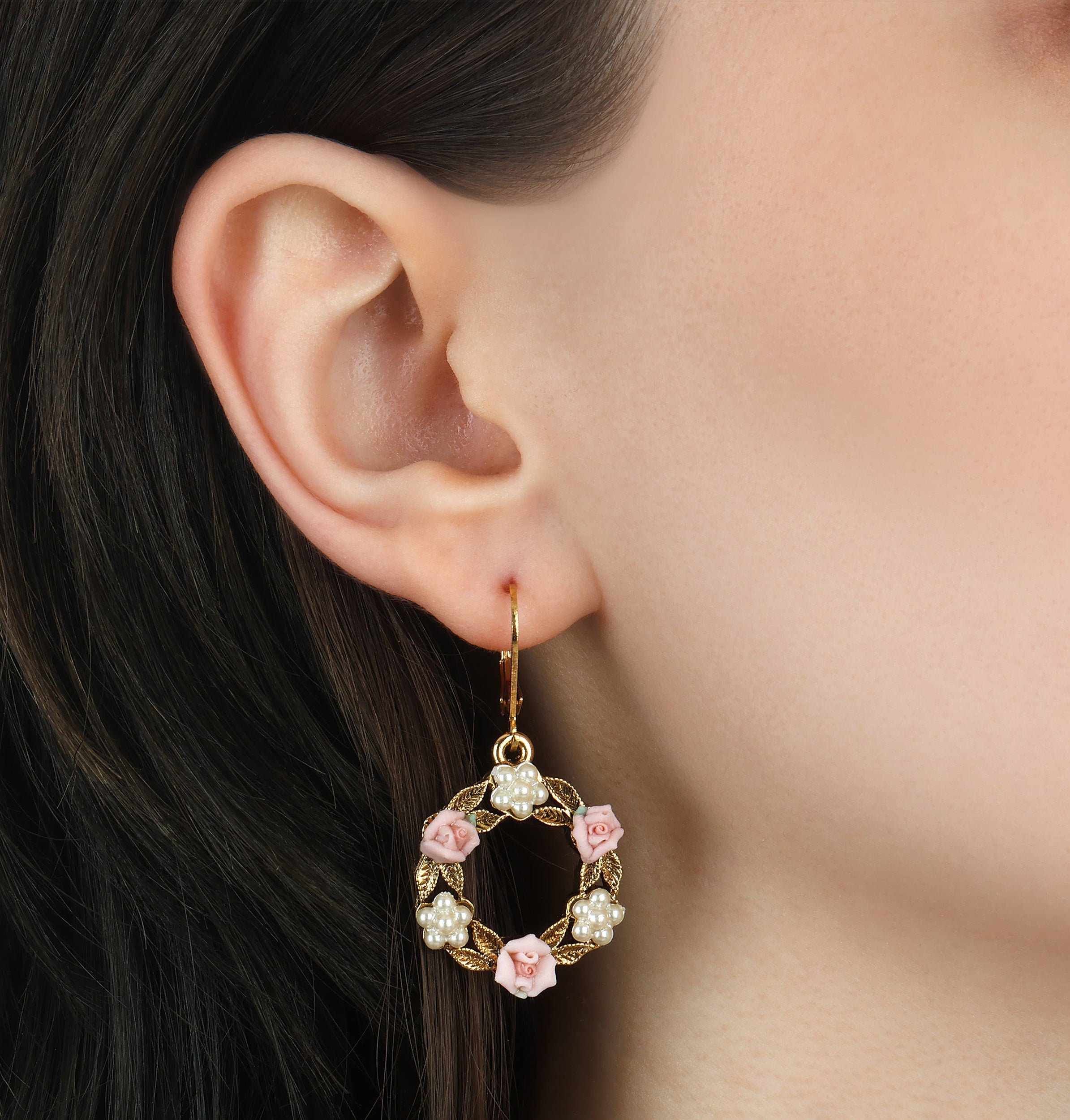 1928 Jewelry Porcelain Rose & Faux Pearl Flowers Drop Earrings