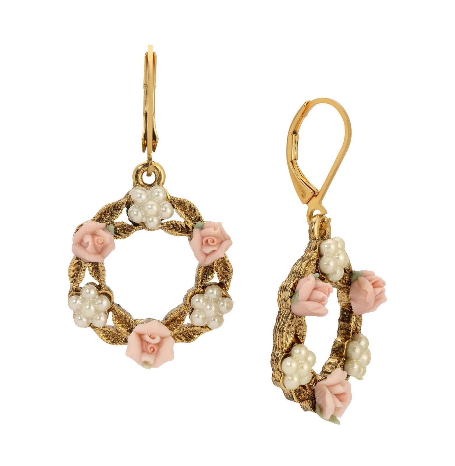 1928 Jewelry Porcelain Rose & Faux Pearl Flowers Drop Earrings