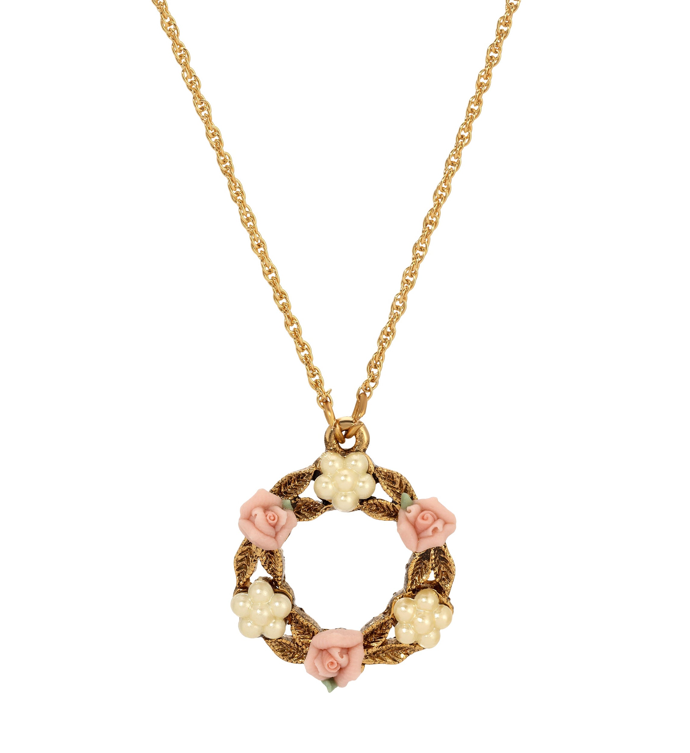 1928 Jewelry Porcelain Rose & Faux Pearl Flowers Pendant Necklace 16" + 3" Extension