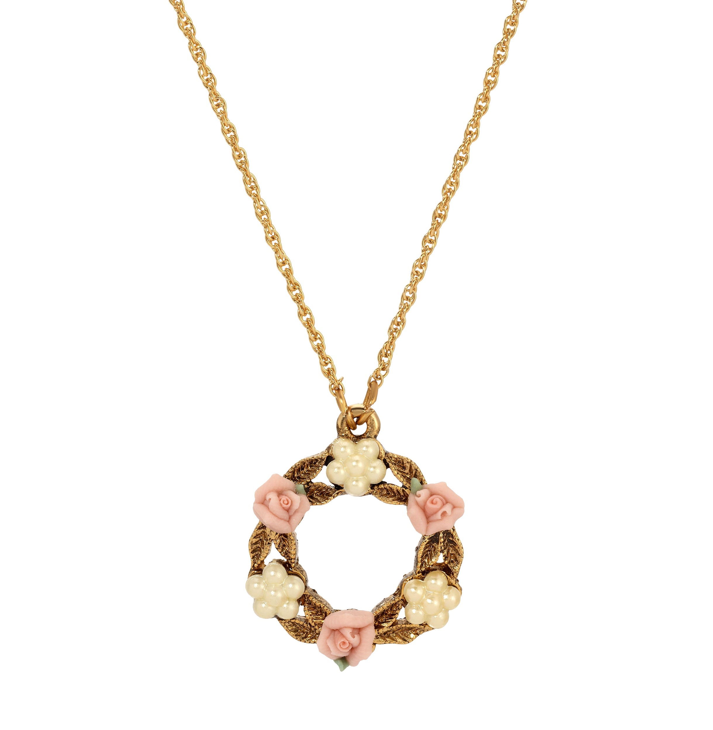 1928 Jewelry Porcelain Rose & Faux Pearl Flowers Pendant Necklace 16" + 3" Extension