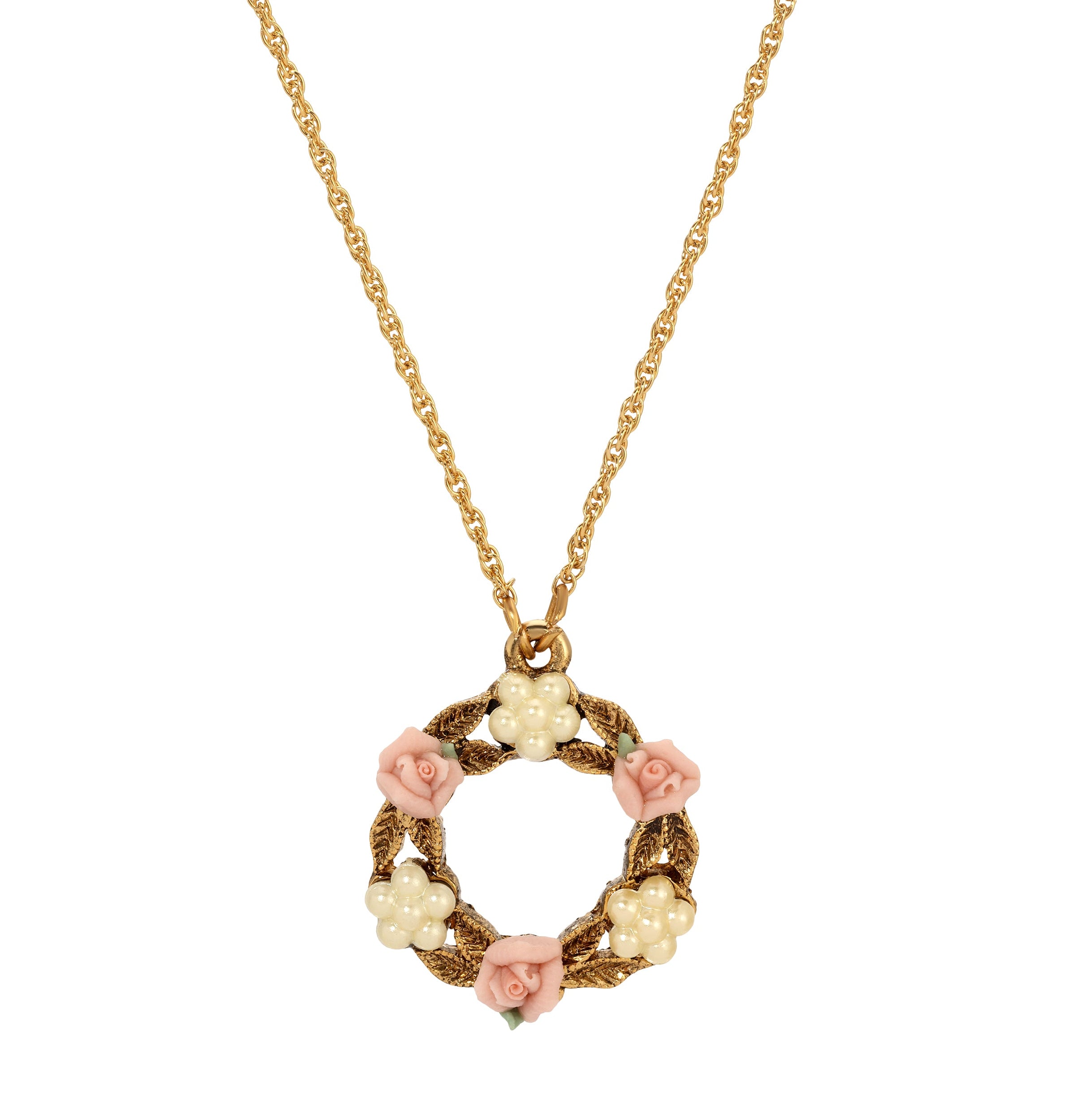 1928 Jewelry Porcelain Rose & Faux Pearl Flowers Pendant Necklace 16" + 3" Extension