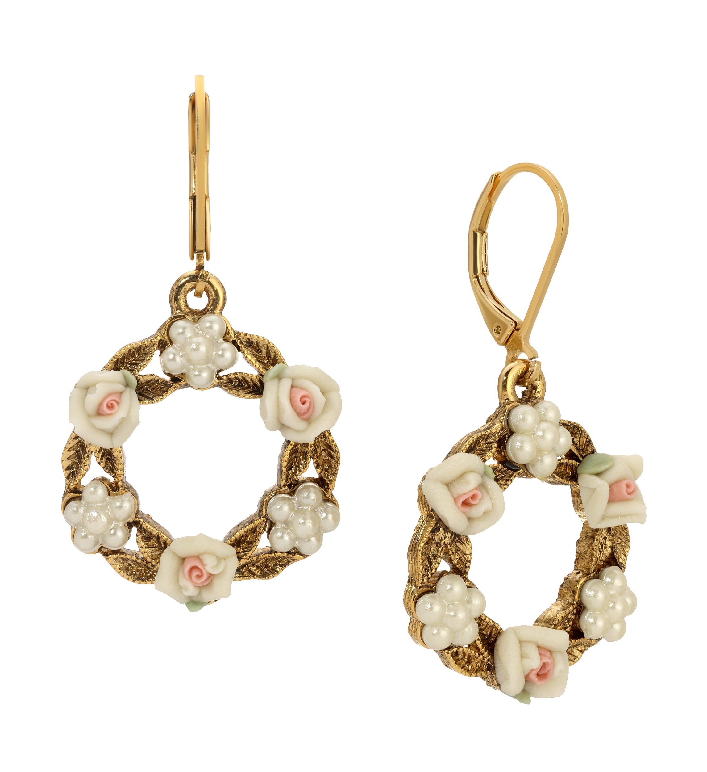1928 Jewelry Porcelain Rose & Faux Pearl Flowers Drop Earrings
