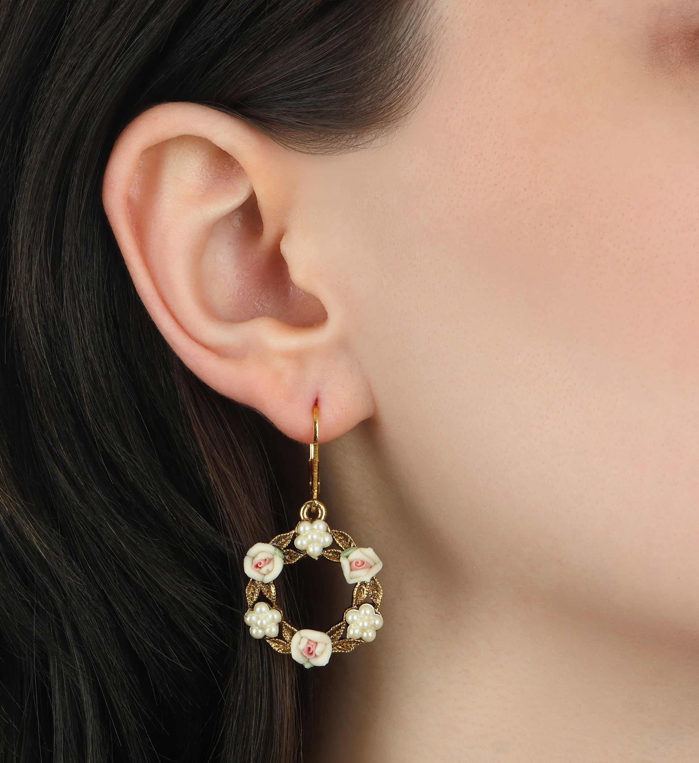 1928 Jewelry Porcelain Rose & Faux Pearl Flowers Drop Earrings