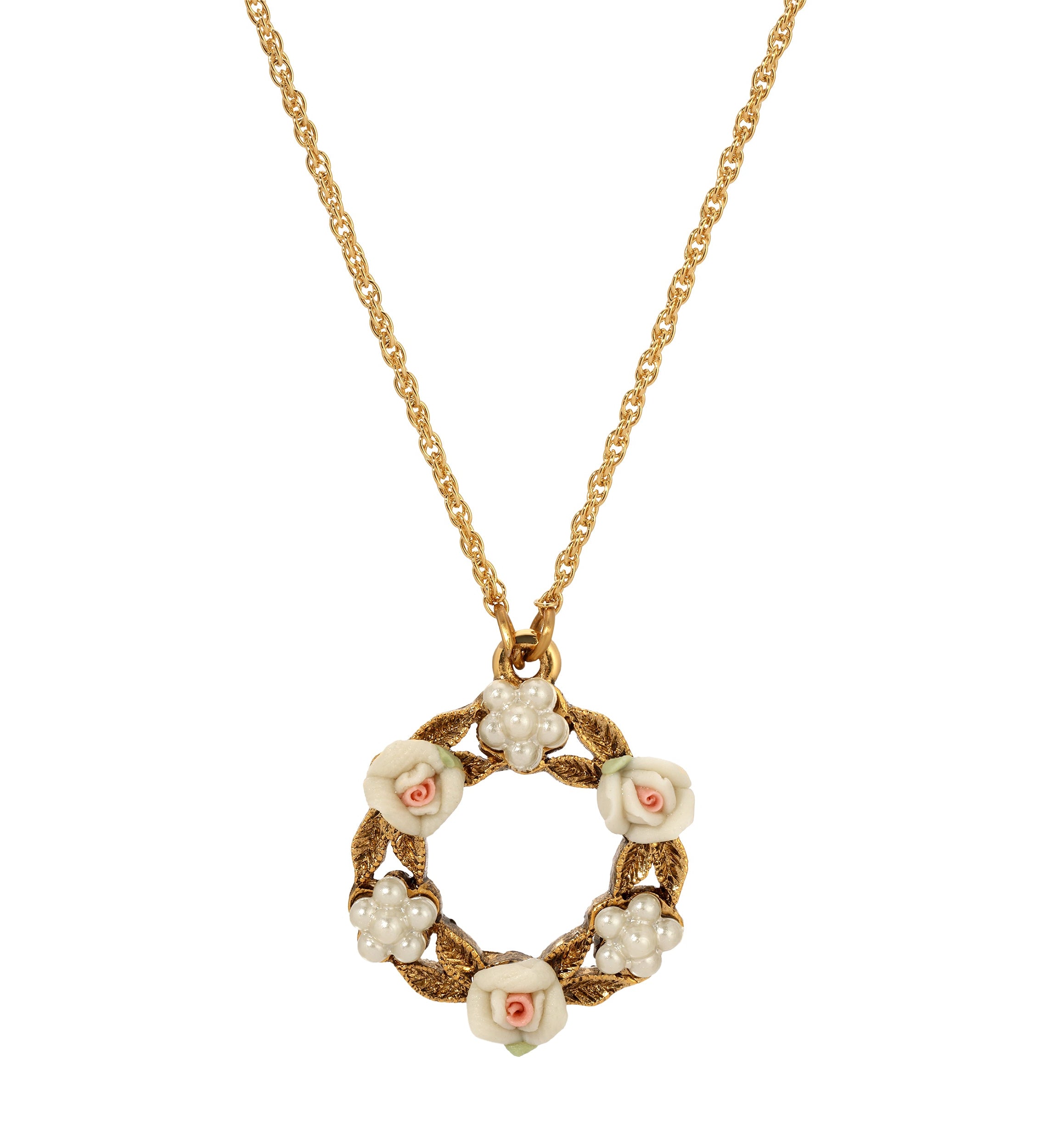 1928 Jewelry Porcelain Rose & Faux Pearl Flowers Pendant Necklace 16" + 3" Extension