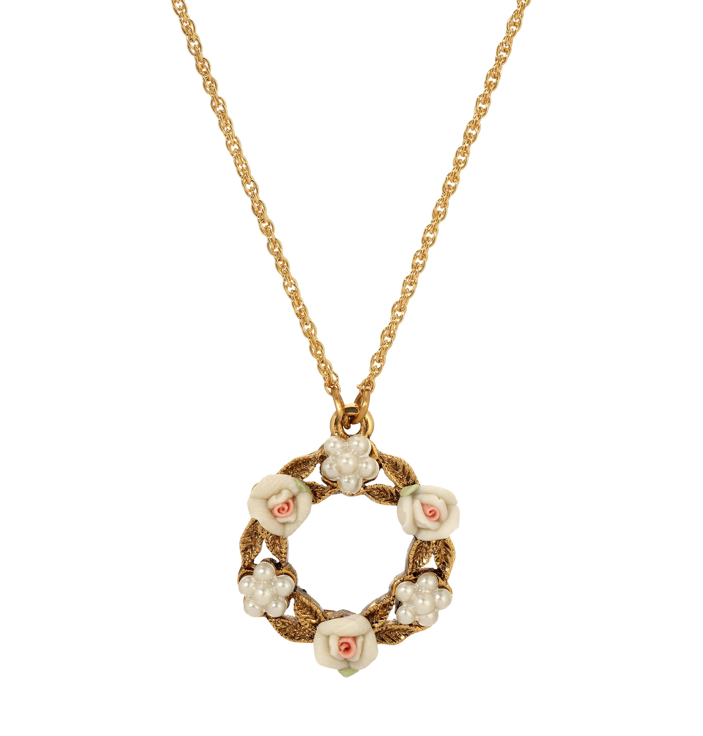 1928 Jewelry Porcelain Rose & Faux Pearl Flowers Pendant Necklace 16" + 3" Extension
