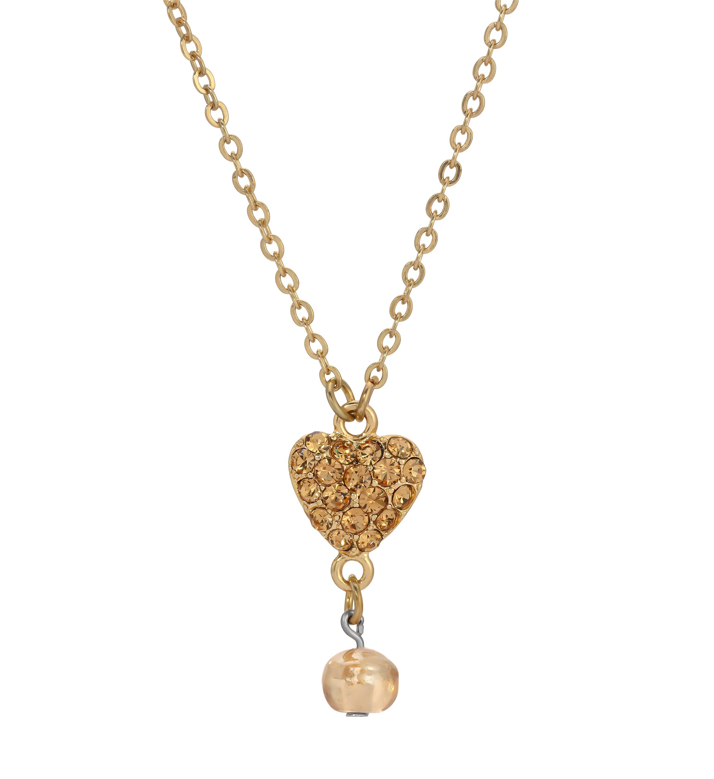 1928 Jewelry Topaz Pave Crystal Heart Pendant Champagne Bead Drop Necklace 16" + 3" Extension