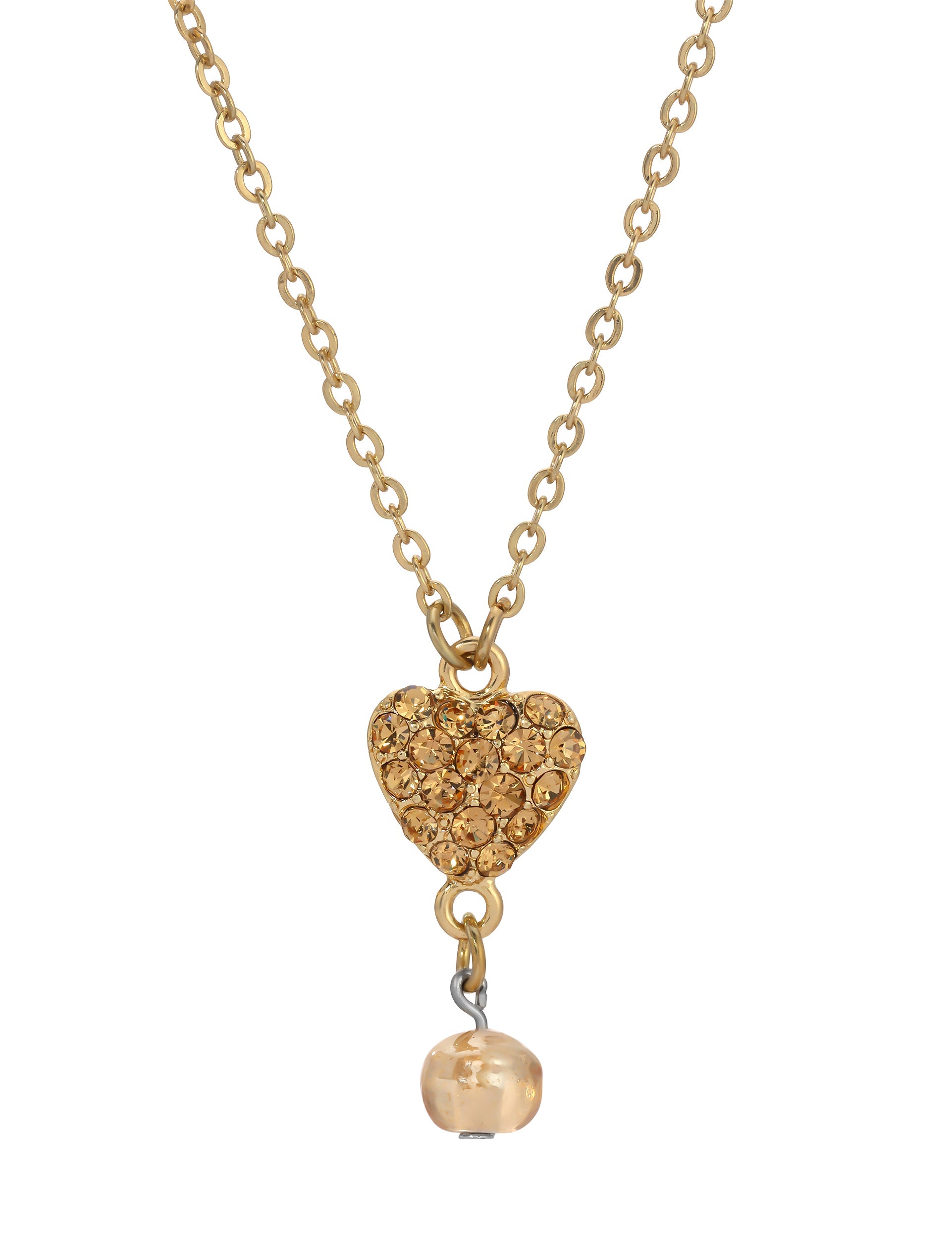 1928 Jewelry Topaz Pave Crystal Heart Pendant Champagne Bead Drop Necklace 16" + 3" Extension