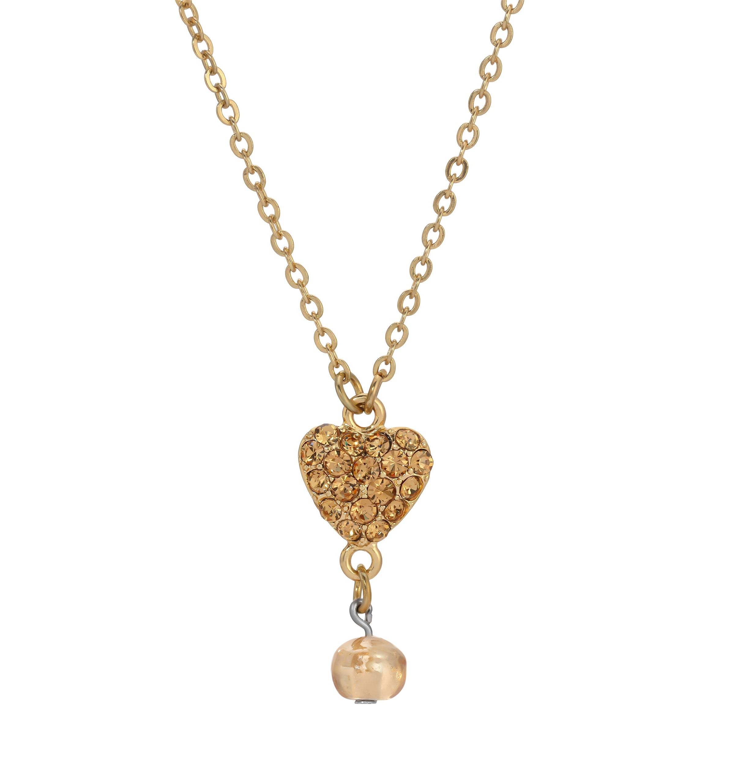 1928 Jewelry Topaz Pave Crystal Heart Pendant Champagne Bead Drop Necklace 16" + 3" Extension