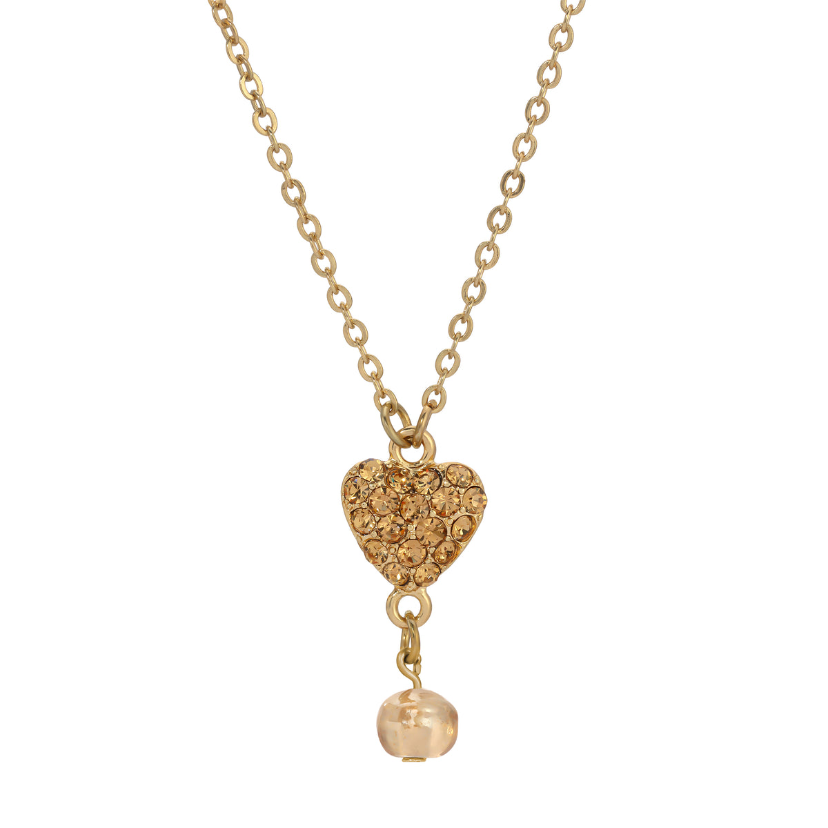 Topaz Pave Crystal Heart Pendant Champagne Bead Drop Necklace 16" + 3" Extension