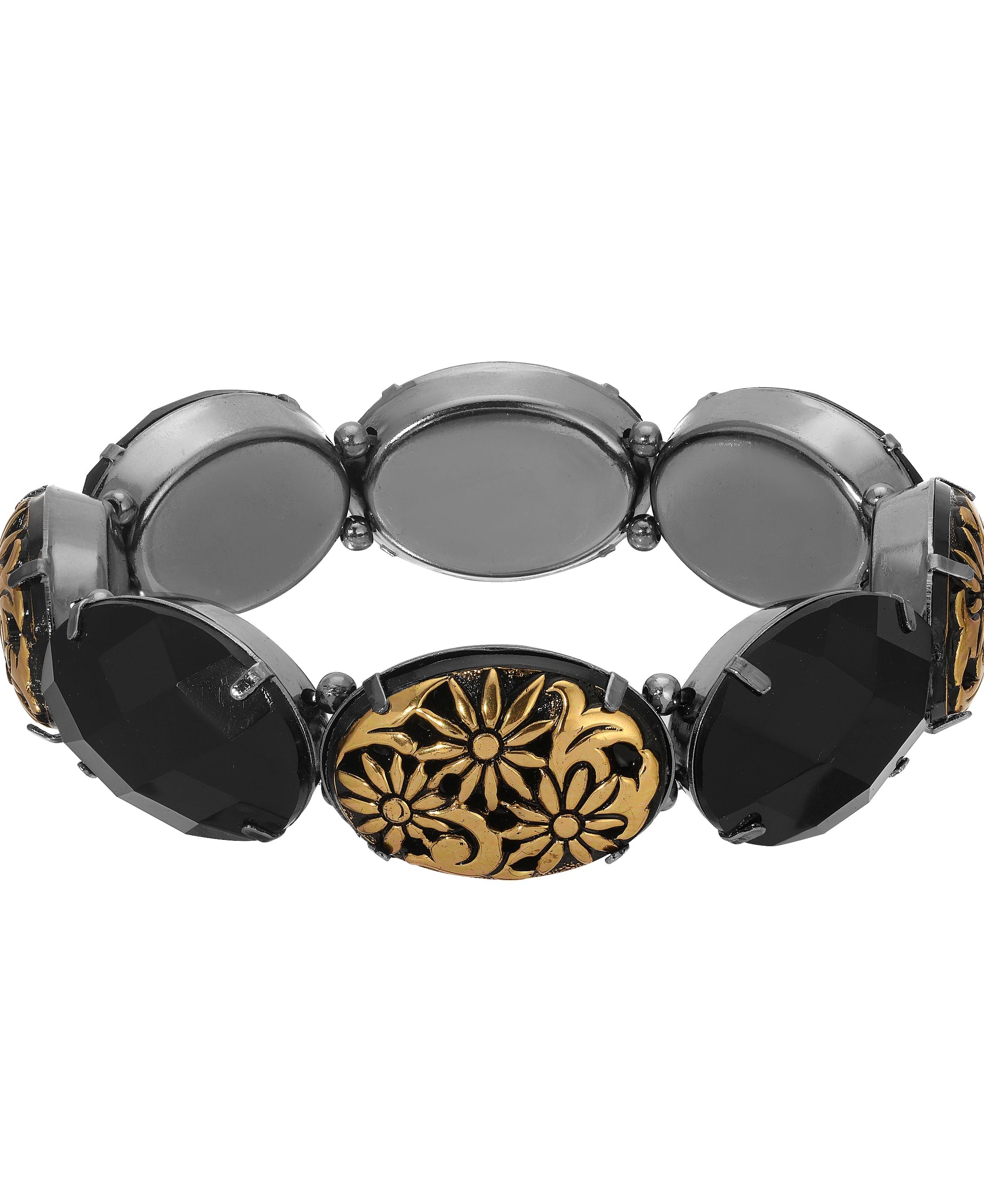 1928 Jewelry Black And Gold Floral Stone Stretch Bracelet