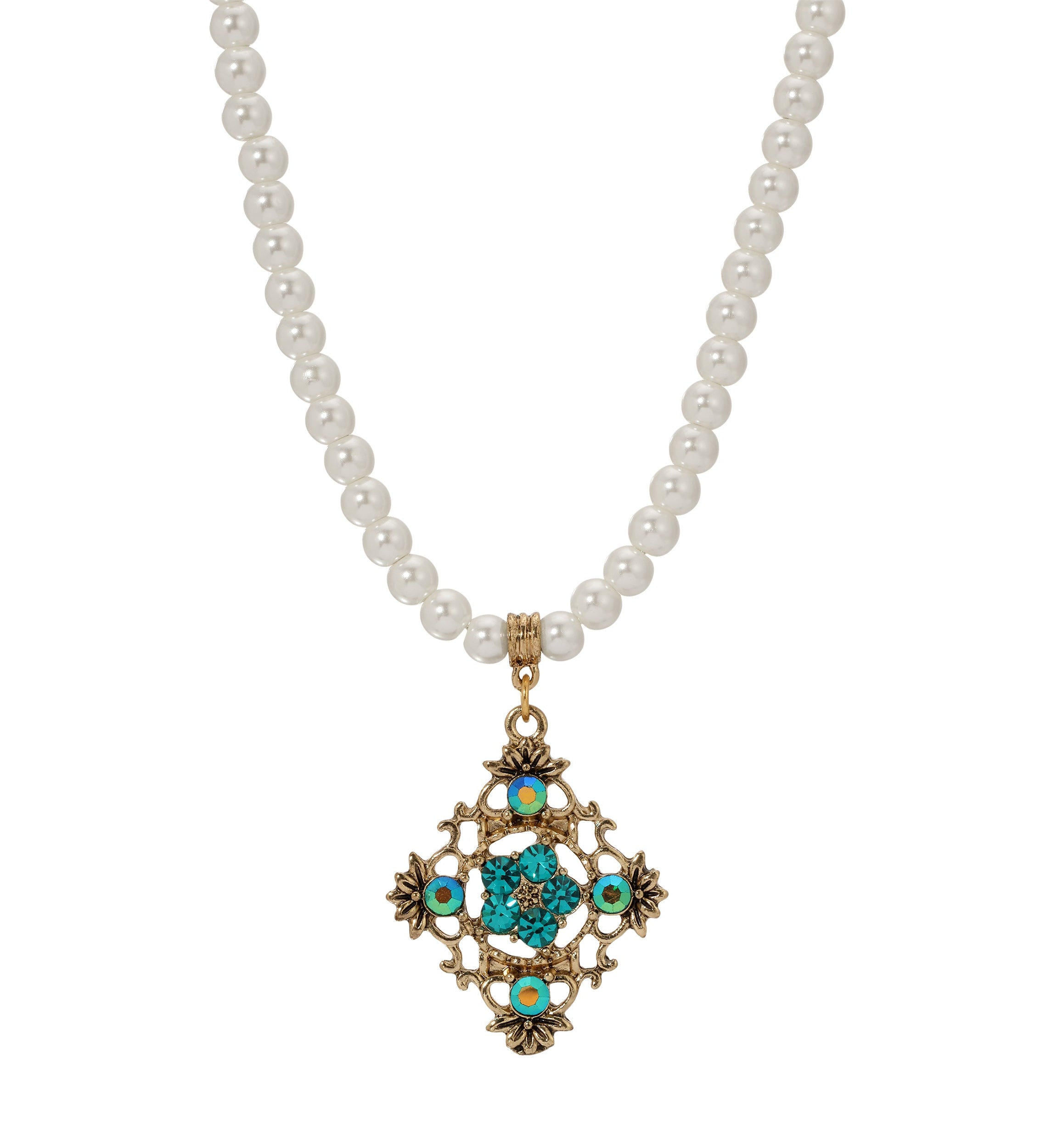 1928 Jewelry Pearl Strand Multi Crystal Filigree Pendant Necklace 15" + 3" Extension