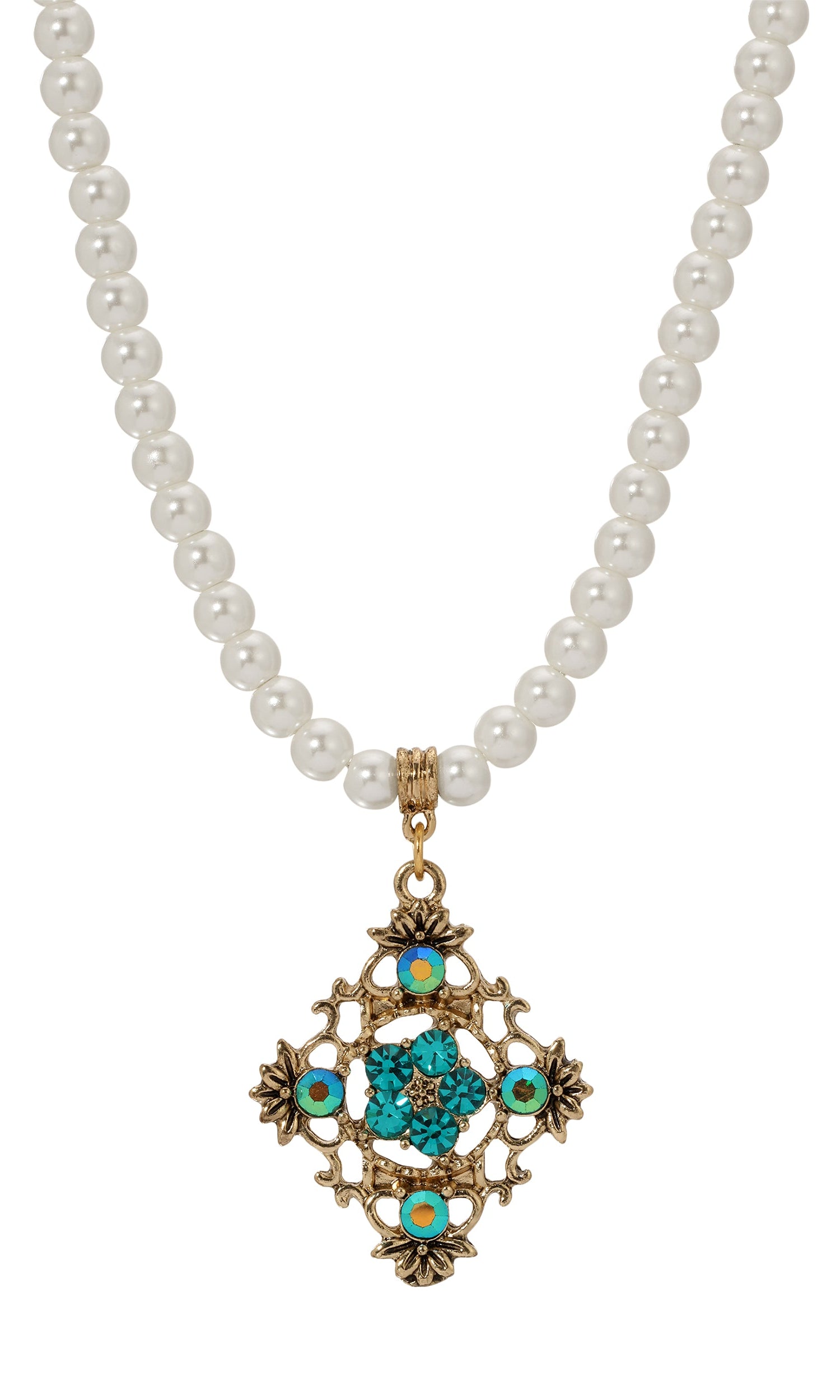 1928 Jewelry Pearl Strand Multi Crystal Filigree Pendant Necklace 15" + 3" Extension