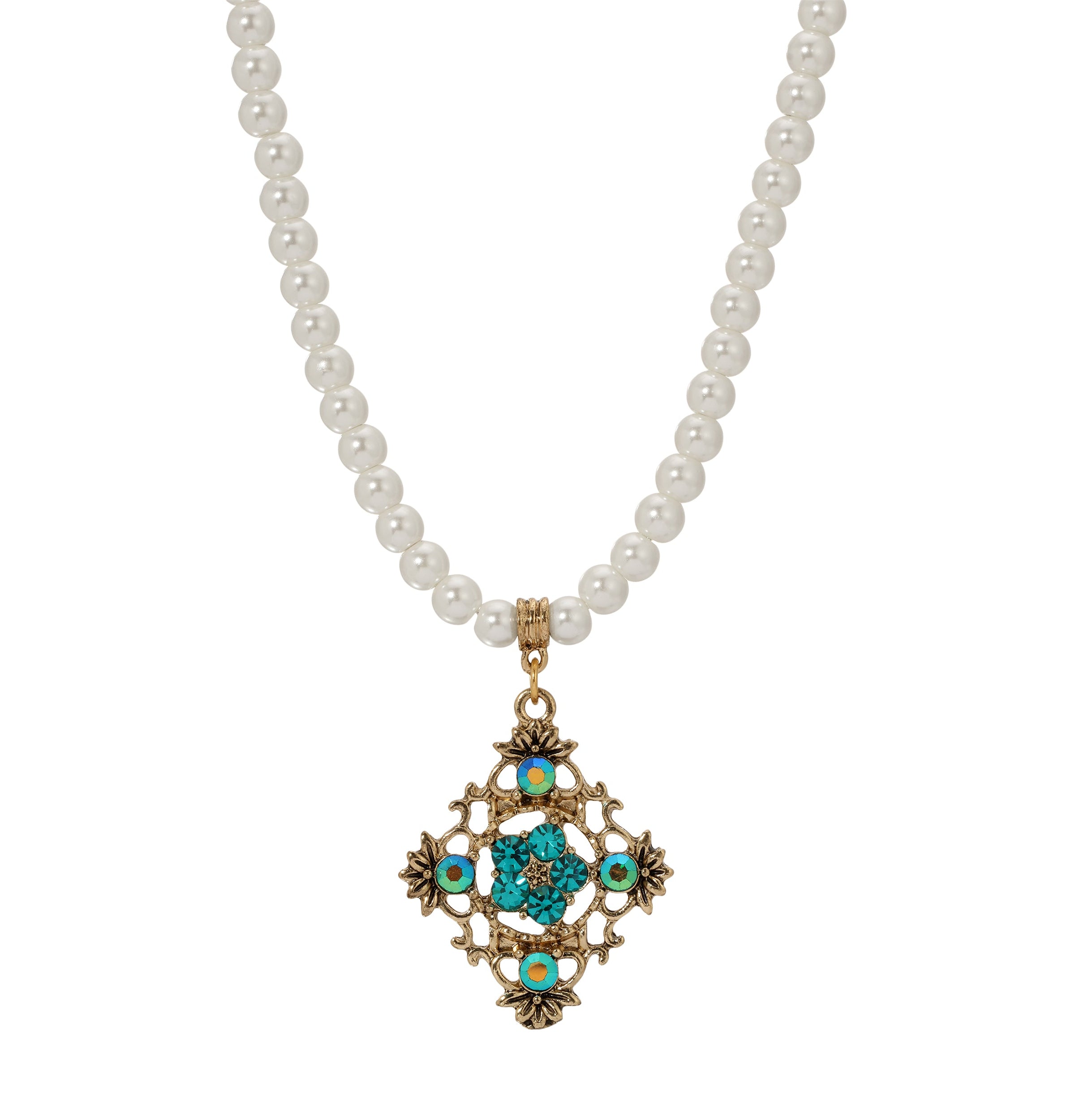 1928 Jewelry Pearl Strand Multi Crystal Filigree Pendant Necklace 15" + 3" Extension