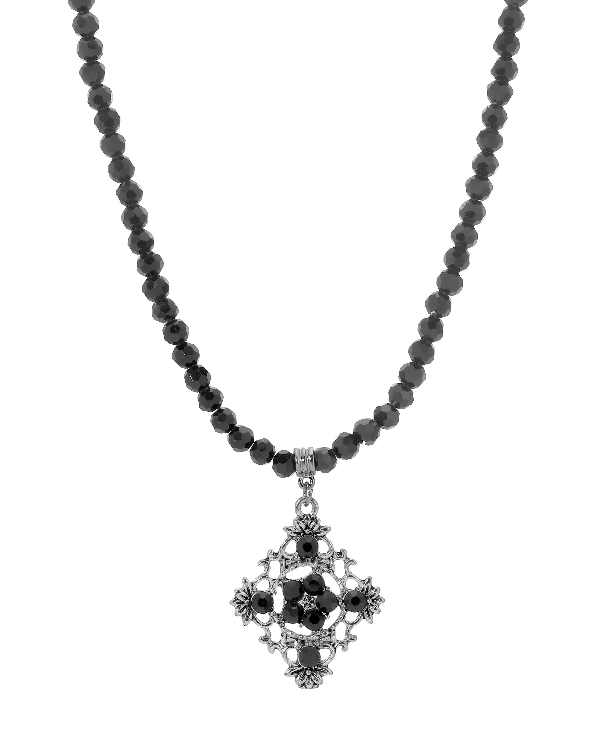 1928 Jewelry Black Bead Chain Filigree Floral Pendant Necklace 15" + 3" Extention