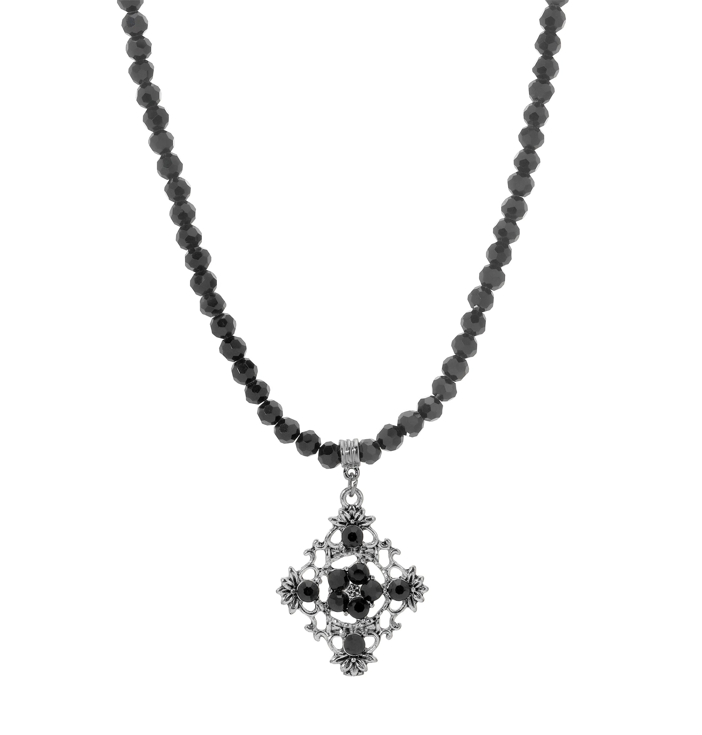 1928 Jewelry Black Bead Chain Filigree Floral Pendant Necklace 15" + 3" Extention