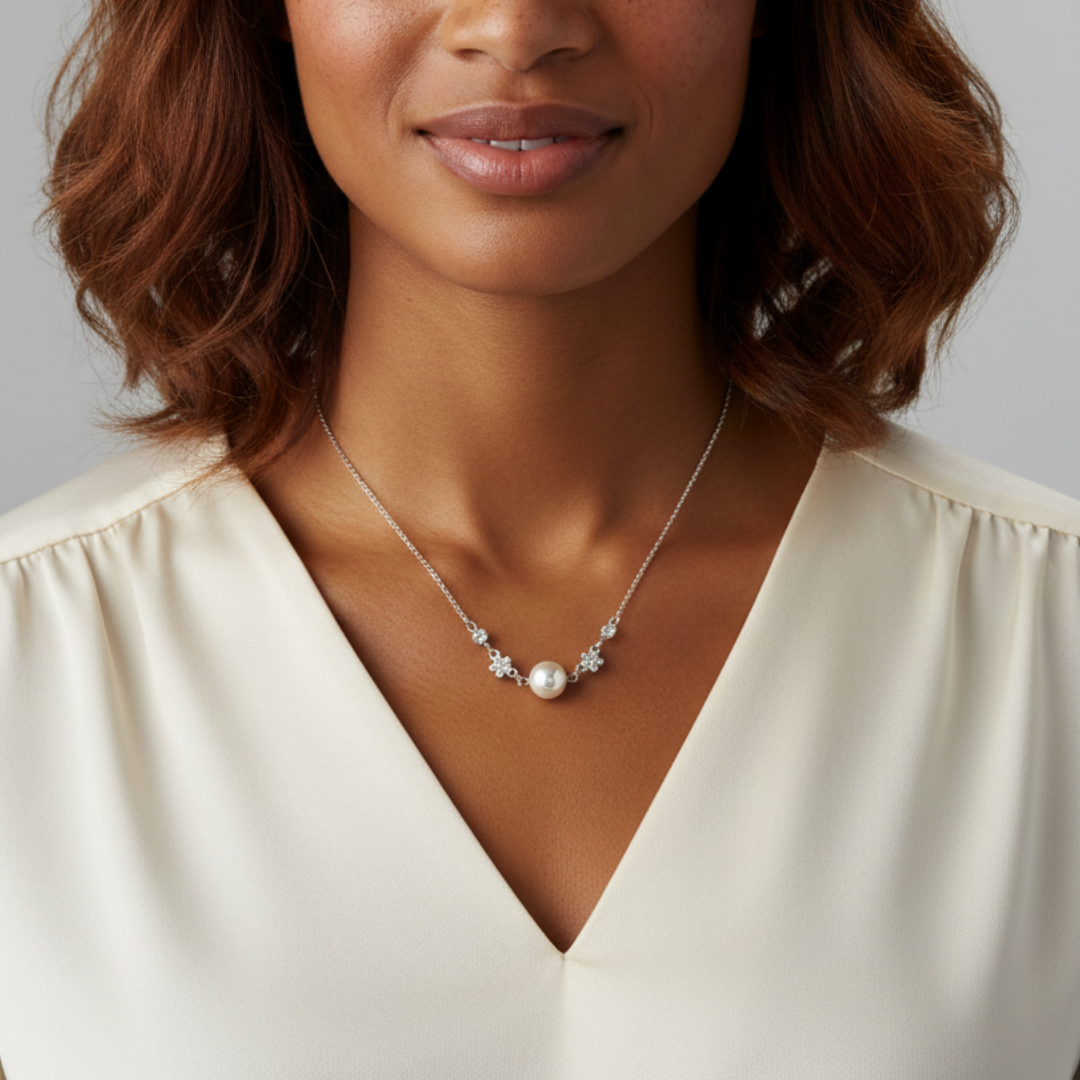 Woman wearing a pearl necklace with a plain background