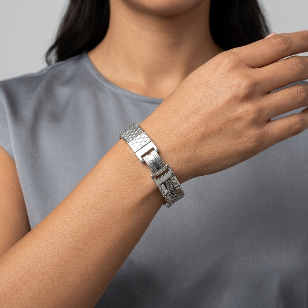 Silver Hammered Link Mesh Bracelet on a wrist with a neutral background