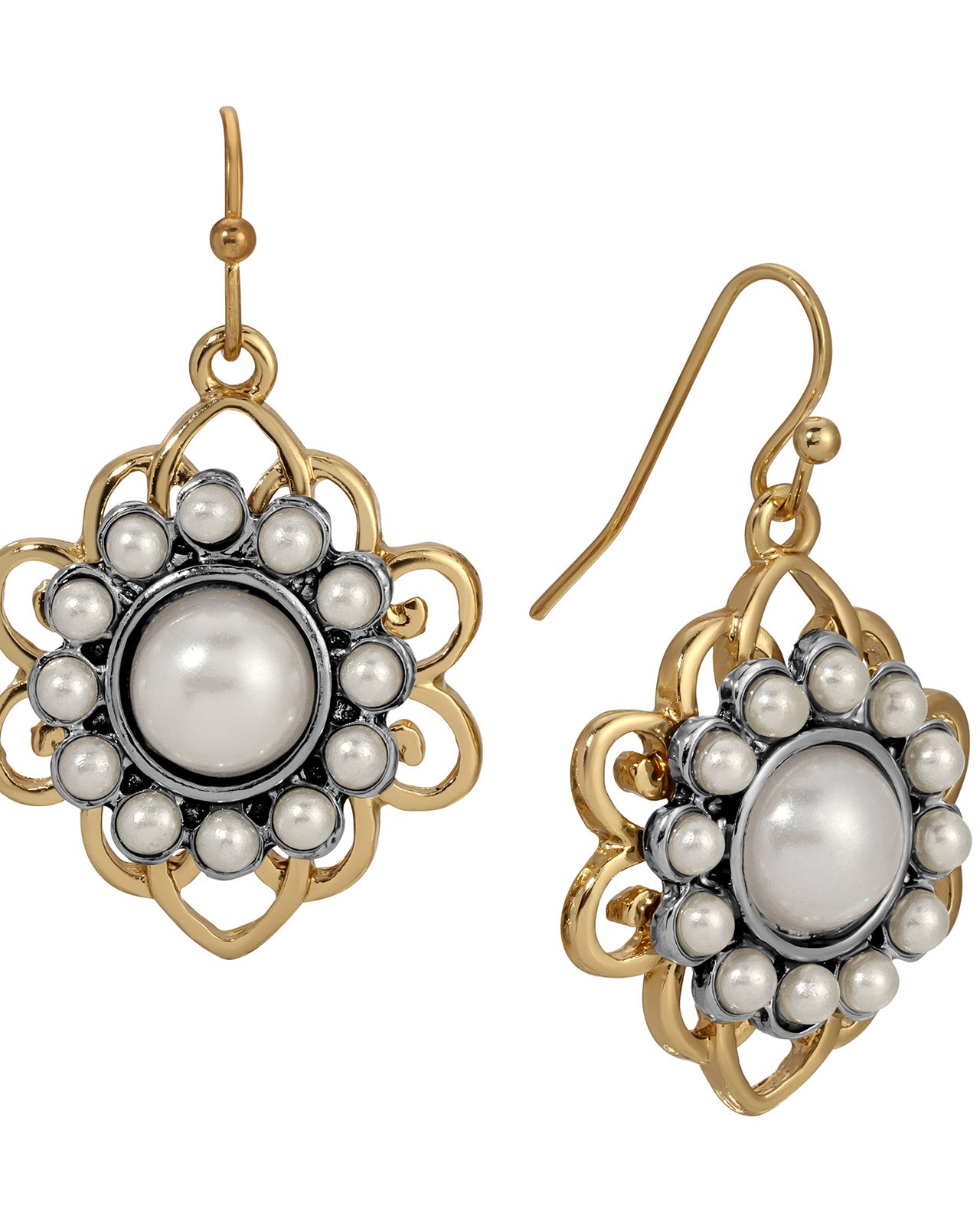Gold & Silver Tone Filigree Pearl Drop Earrings