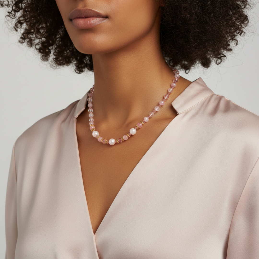 Model in a white top wearing light rose crystal bead necklace softly paired with blush faux pearls.