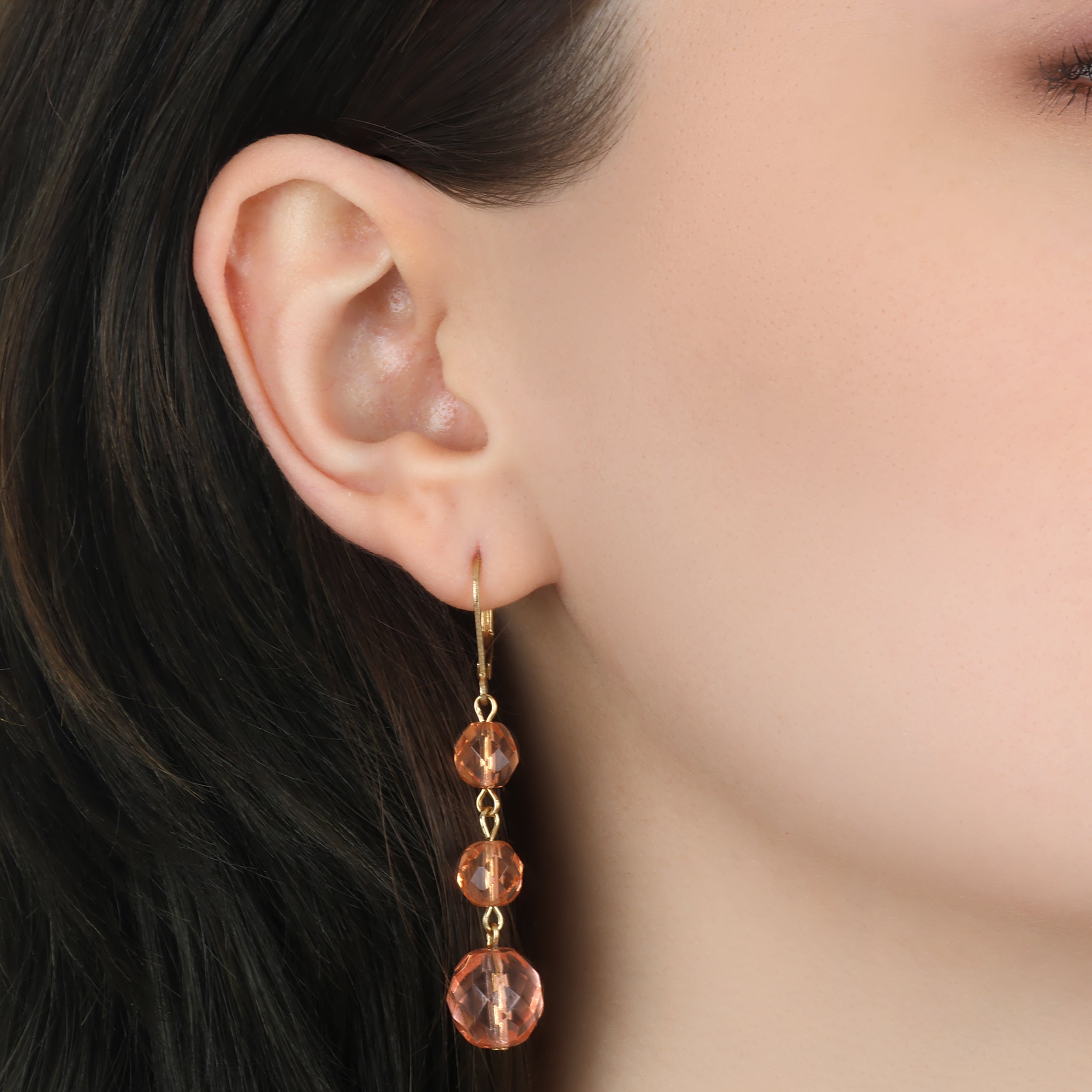 Model wearing our Rosaline Round Bead Drop Leverback Earrings